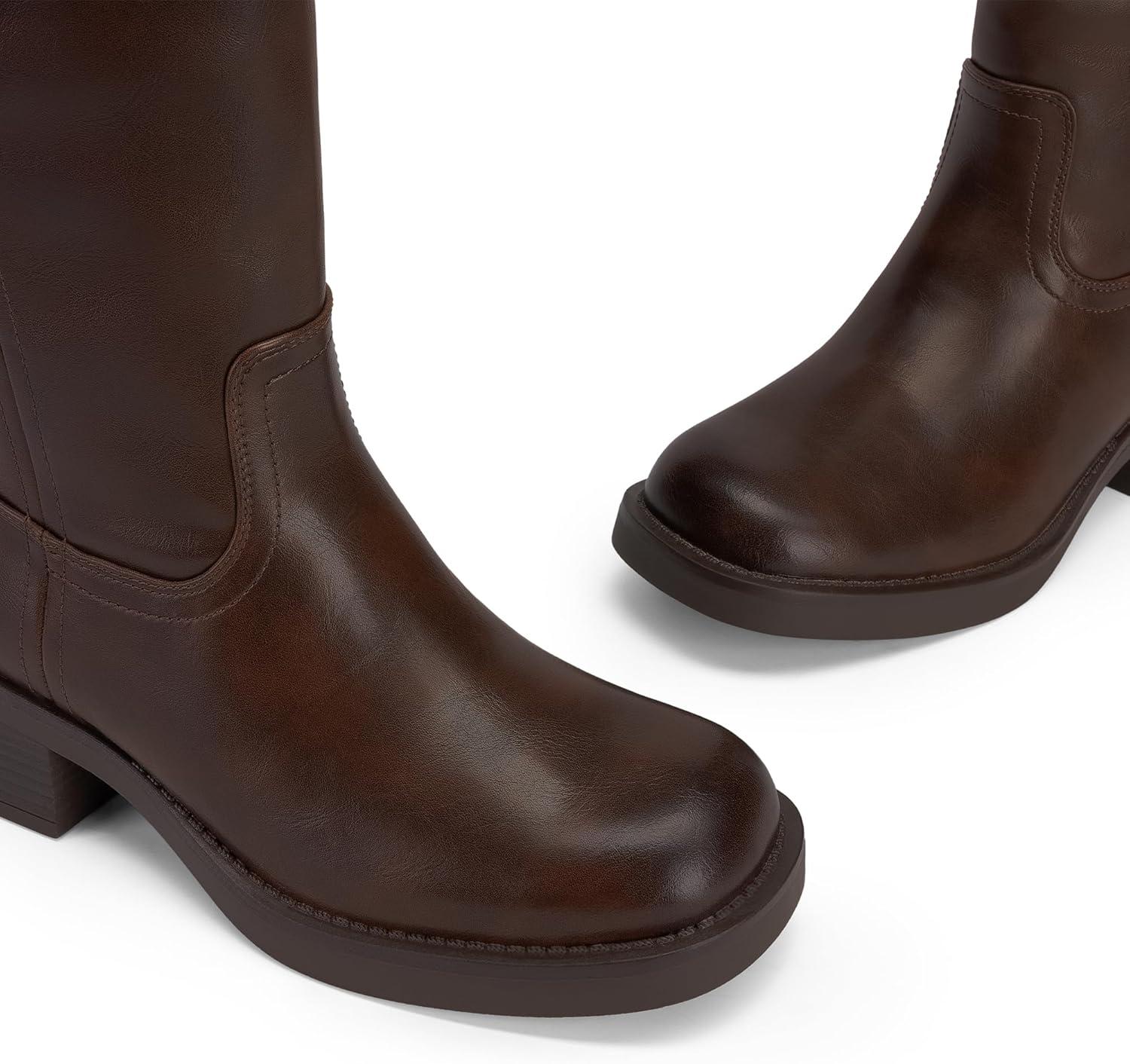 imageDREAM PAIRS Womens Knee High Boots Square Toe Platform Chunky Block Heel Banana Campus Boots for Women Comfortable Low Heel Side Zipper Womens Riding Tall BootsDark Brown