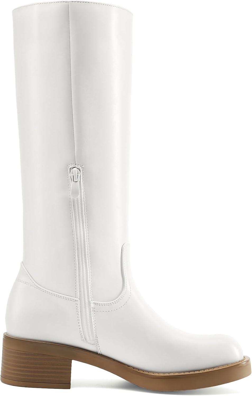 imageDREAM PAIRS Womens Knee High Boots Square Toe Platform Chunky Block Heel Banana Campus Boots for Women Comfortable Low Heel Side Zipper Womens Riding Tall BootsWhite