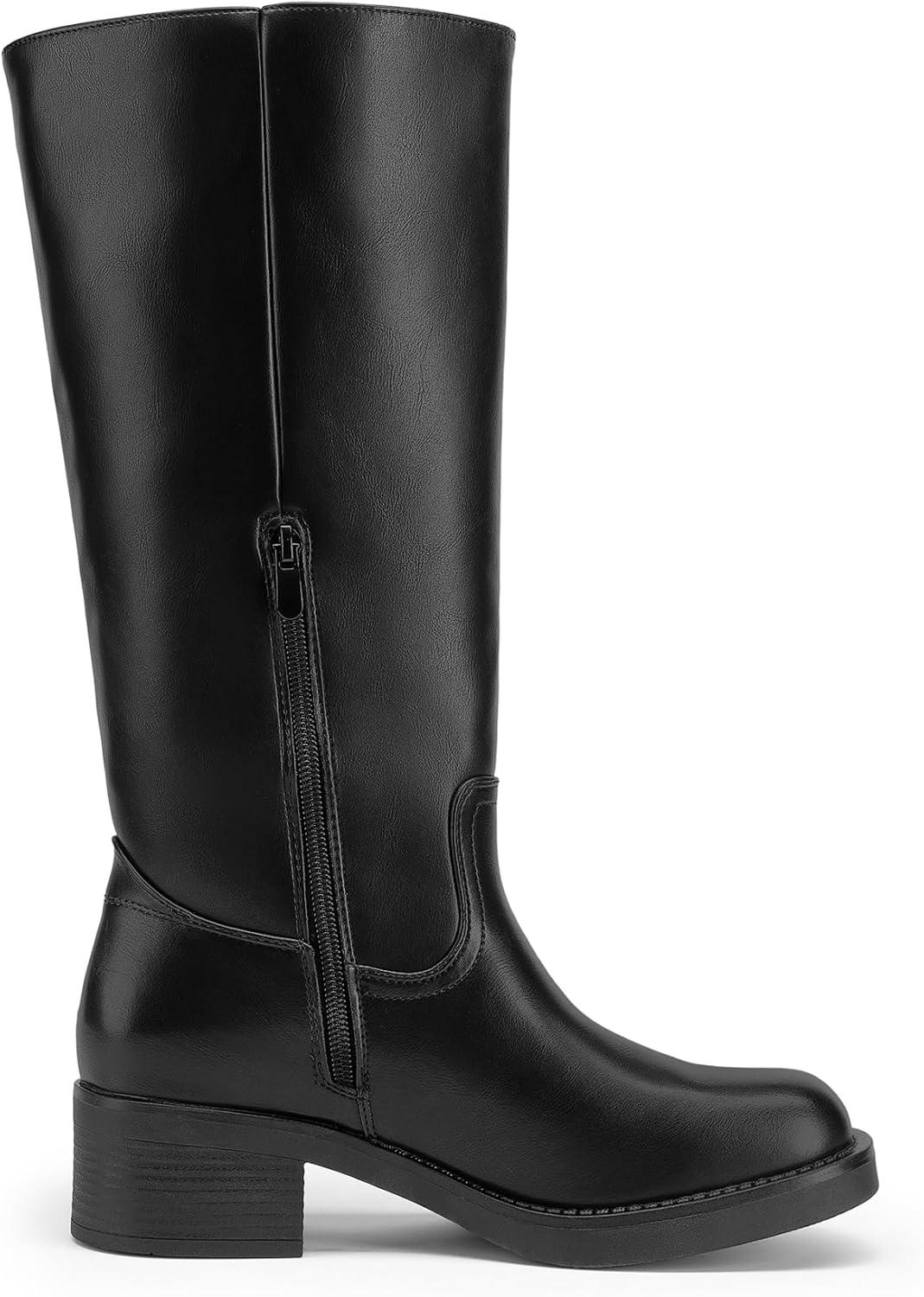 imageDREAM PAIRS Womens Knee High Boots Square Toe Platform Chunky Block Heel Banana Campus Boots for Women Comfortable Low Heel Side Zipper Womens Riding Tall BootsBlack