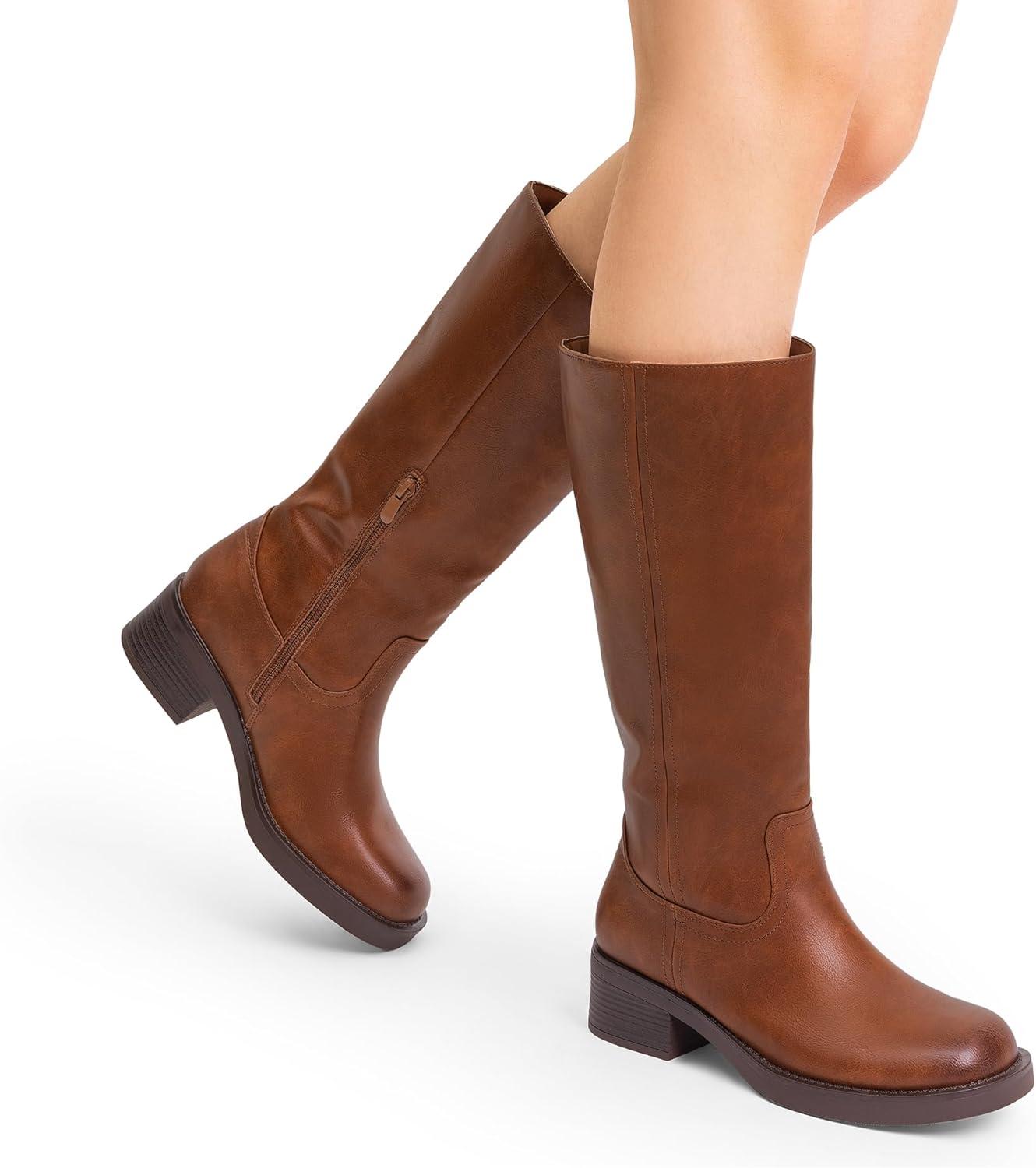 imageDREAM PAIRS Womens Knee High Boots Square Toe Platform Chunky Block Heel Banana Campus Boots for Women Comfortable Low Heel Side Zipper Womens Riding Tall BootsLight Brown