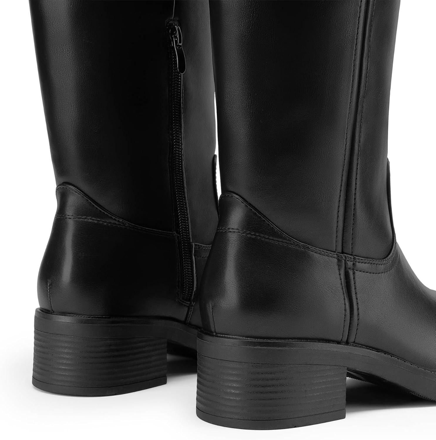 imageDREAM PAIRS Womens Knee High Boots Square Toe Platform Chunky Block Heel Banana Campus Boots for Women Comfortable Low Heel Side Zipper Womens Riding Tall BootsBlack