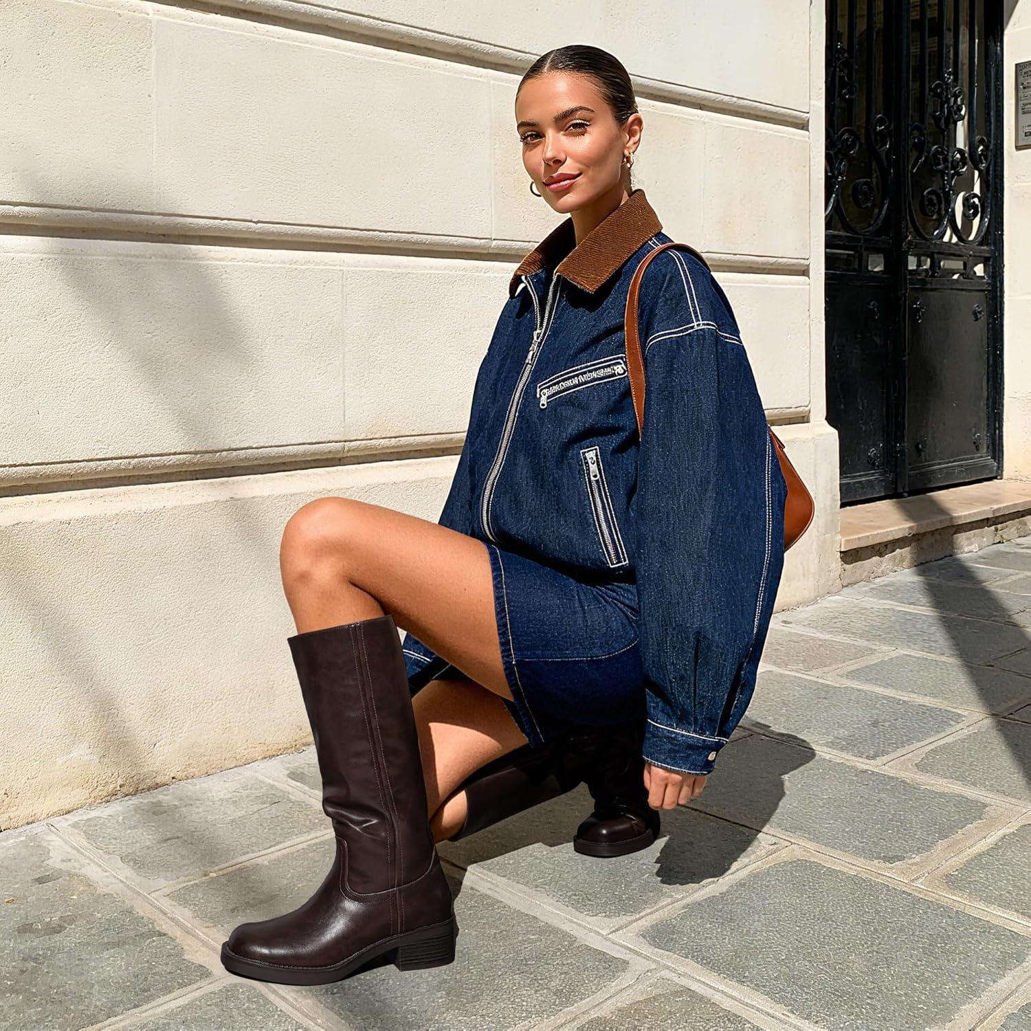 imageDREAM PAIRS Womens Knee High Boots Square Toe Platform Chunky Block Heel Banana Campus Boots for Women Comfortable Low Heel Side Zipper Womens Riding Tall BootsDark Brown