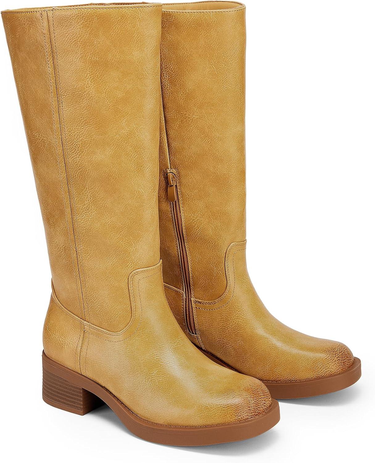 imageDREAM PAIRS Womens Knee High Boots Square Toe Platform Chunky Block Heel Banana Campus Boots for Women Comfortable Low Heel Side Zipper Womens Riding Tall BootsYellow