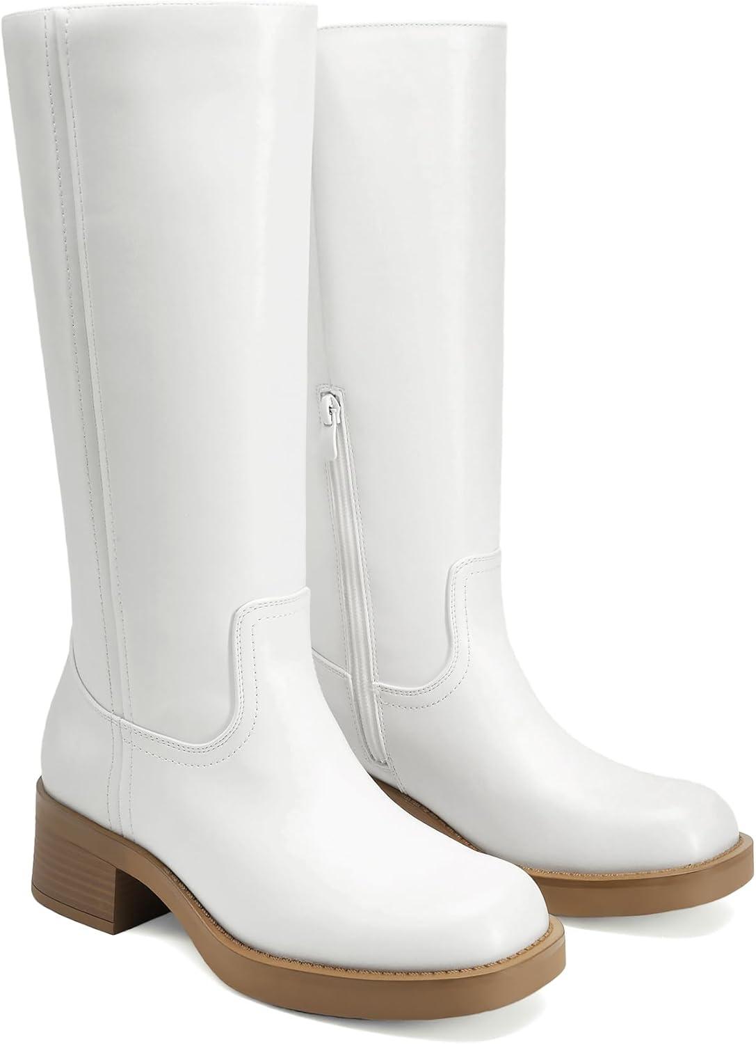 imageDREAM PAIRS Womens Knee High Boots Square Toe Platform Chunky Block Heel Banana Campus Boots for Women Comfortable Low Heel Side Zipper Womens Riding Tall BootsWhite