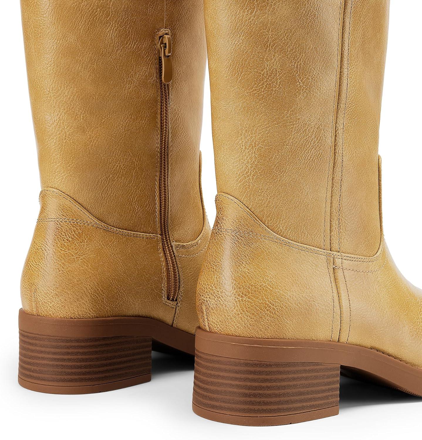 imageDREAM PAIRS Womens Knee High Boots Square Toe Platform Chunky Block Heel Banana Campus Boots for Women Comfortable Low Heel Side Zipper Womens Riding Tall BootsYellow