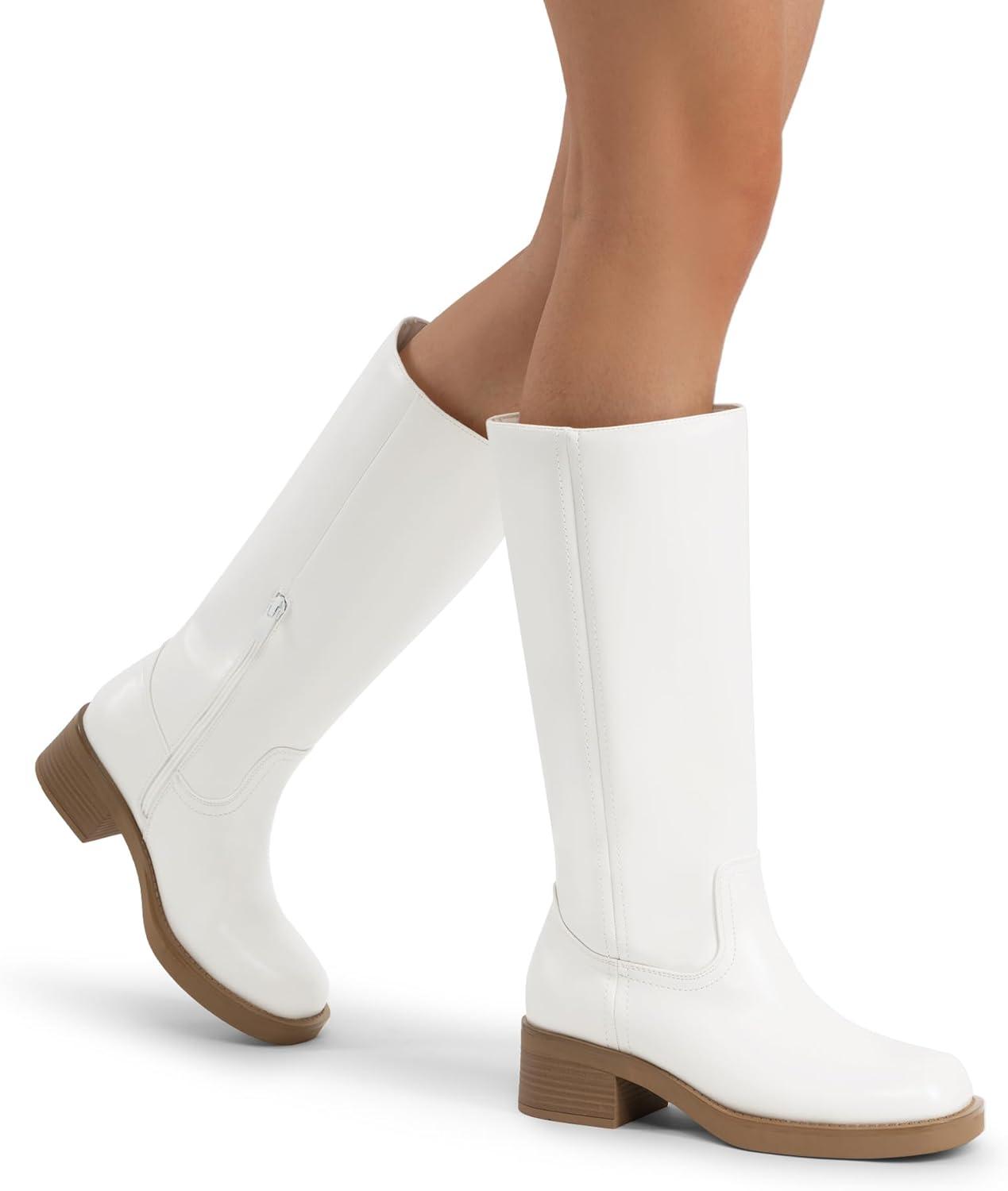 imageDREAM PAIRS Womens Knee High Boots Square Toe Platform Chunky Block Heel Banana Campus Boots for Women Comfortable Low Heel Side Zipper Womens Riding Tall BootsWhite