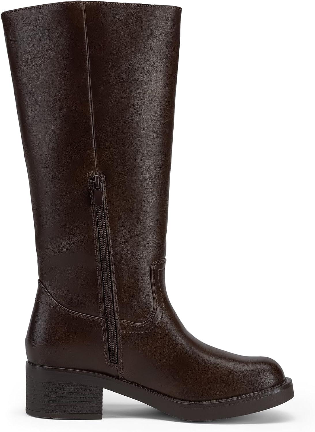 imageDREAM PAIRS Womens Knee High Boots Square Toe Platform Chunky Block Heel Banana Campus Boots for Women Comfortable Low Heel Side Zipper Womens Riding Tall BootsDark Brown