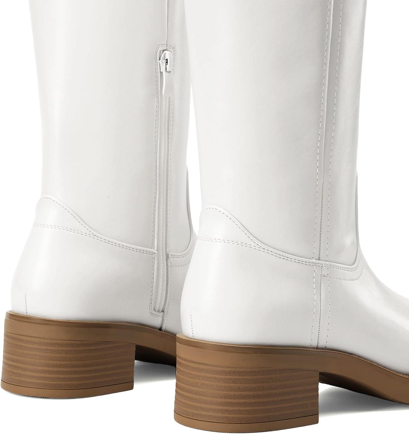 imageDREAM PAIRS Womens Knee High Boots Square Toe Platform Chunky Block Heel Banana Campus Boots for Women Comfortable Low Heel Side Zipper Womens Riding Tall BootsWhite