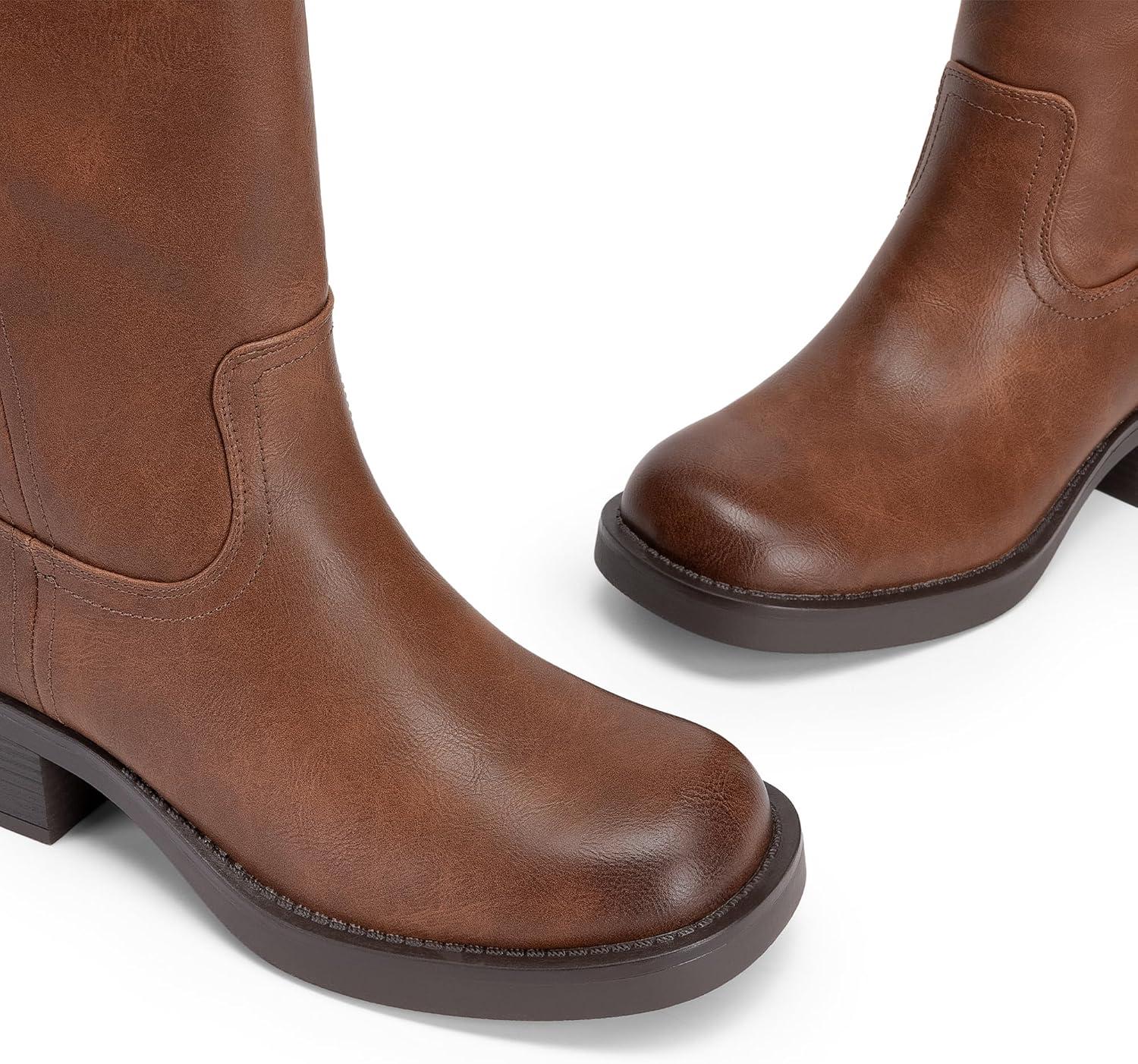 imageDREAM PAIRS Womens Knee High Boots Square Toe Platform Chunky Block Heel Banana Campus Boots for Women Comfortable Low Heel Side Zipper Womens Riding Tall BootsLight Brown