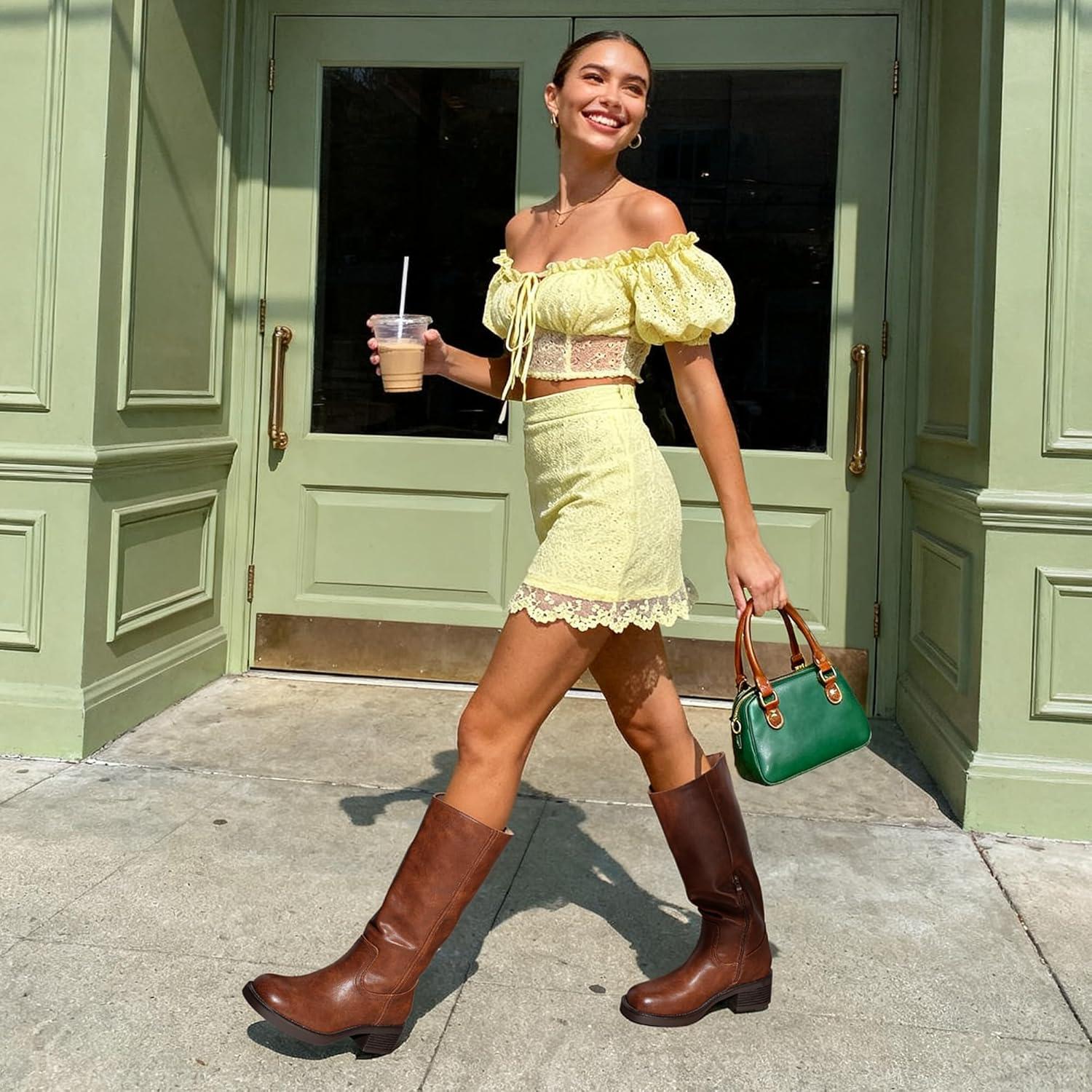 imageDREAM PAIRS Womens Knee High Boots Square Toe Platform Chunky Block Heel Banana Campus Boots for Women Comfortable Low Heel Side Zipper Womens Riding Tall BootsLight Brown