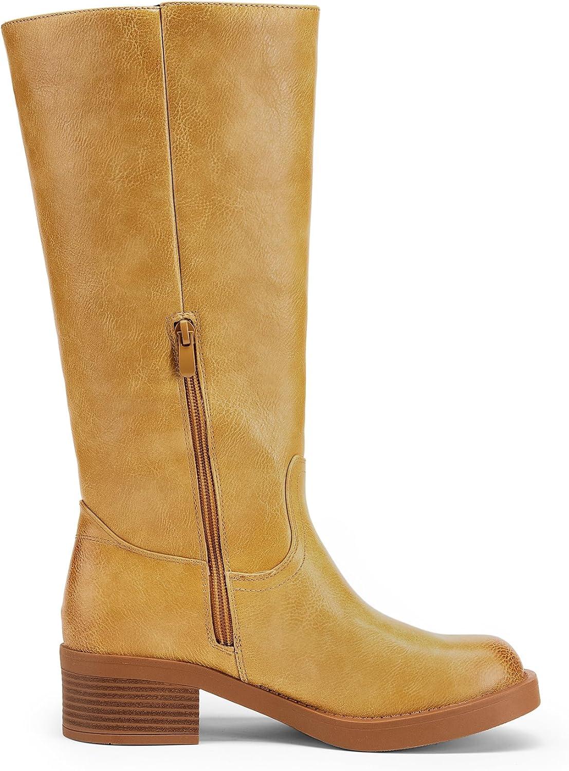 imageDREAM PAIRS Womens Knee High Boots Square Toe Platform Chunky Block Heel Banana Campus Boots for Women Comfortable Low Heel Side Zipper Womens Riding Tall BootsYellow