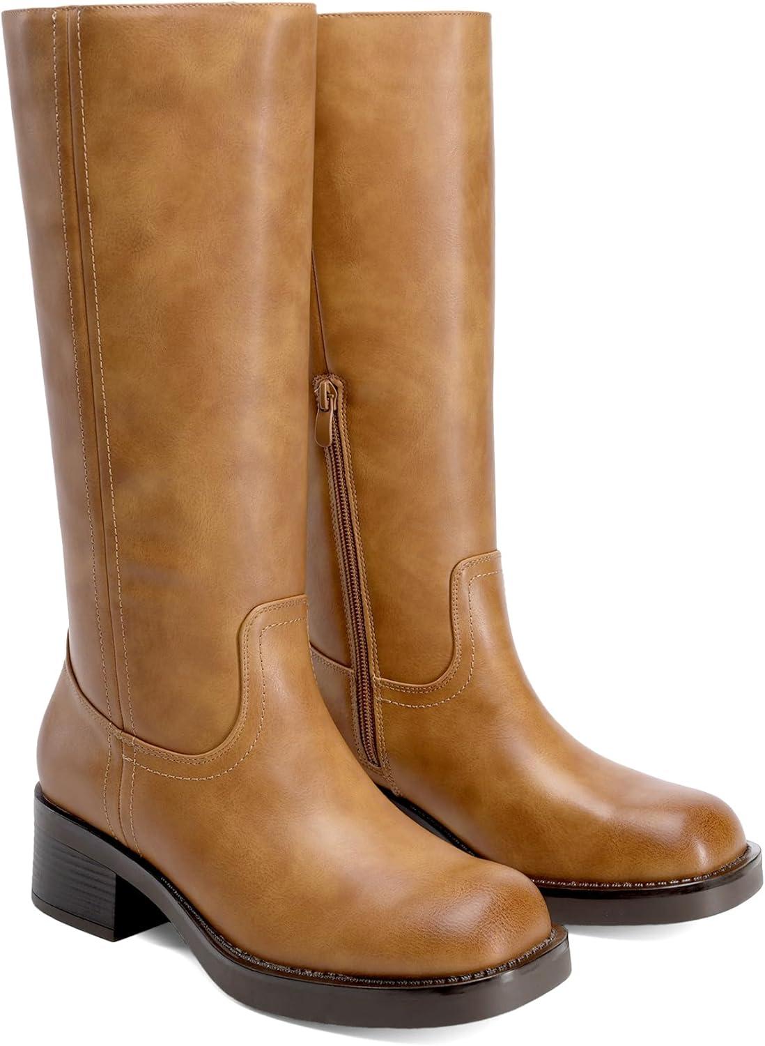 imageDREAM PAIRS Womens Knee High Boots Square Toe Platform Chunky Block Heel Banana Campus Boots for Women Comfortable Low Heel Side Zipper Womens Riding Tall BootsTan