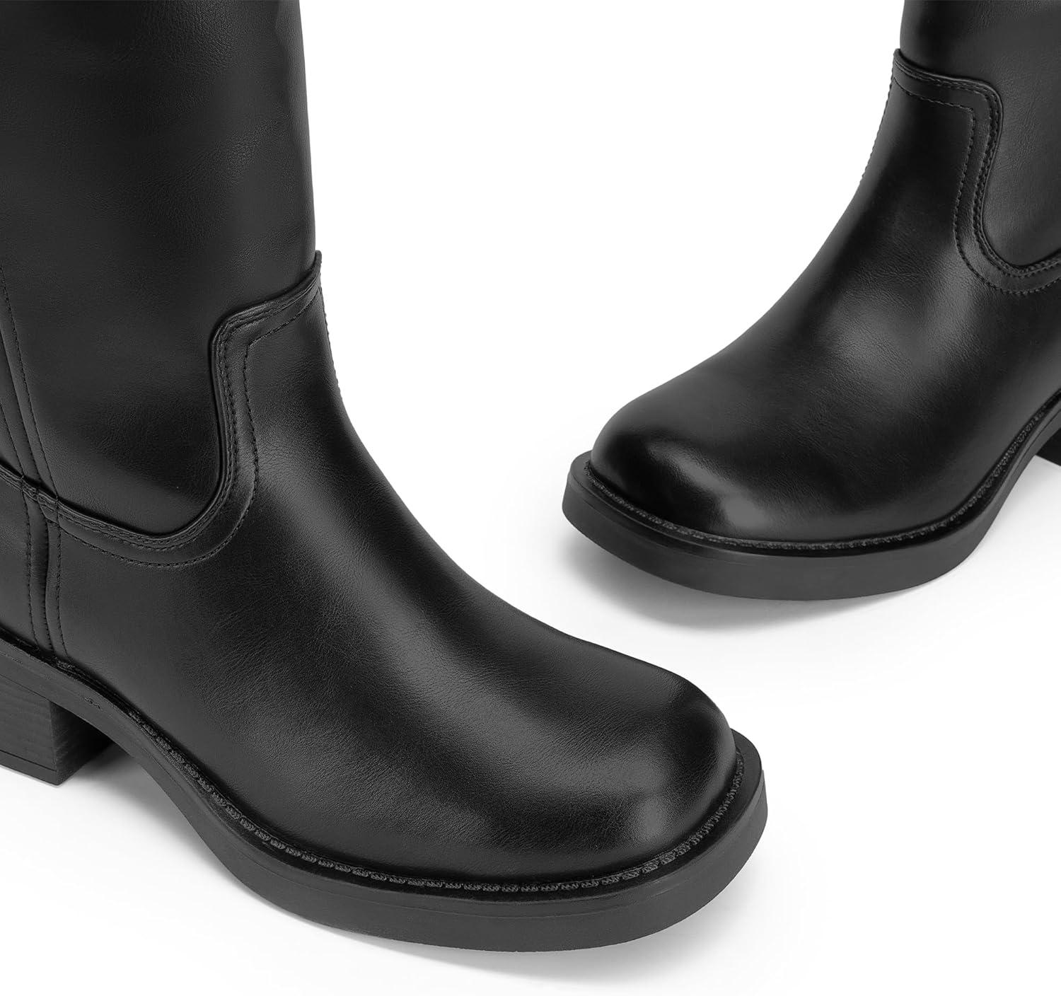 imageDREAM PAIRS Womens Knee High Boots Square Toe Platform Chunky Block Heel Banana Campus Boots for Women Comfortable Low Heel Side Zipper Womens Riding Tall BootsBlack