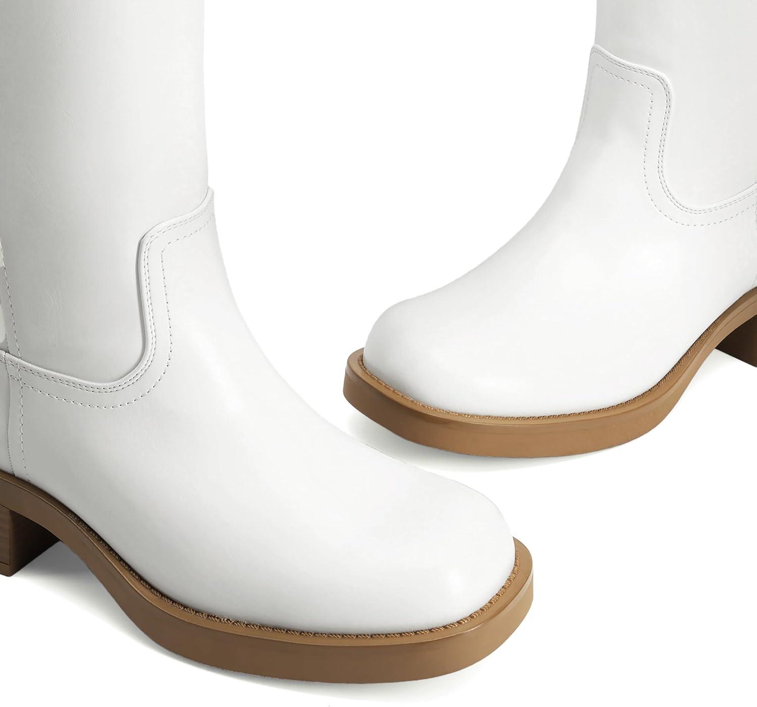 imageDREAM PAIRS Womens Knee High Boots Square Toe Platform Chunky Block Heel Banana Campus Boots for Women Comfortable Low Heel Side Zipper Womens Riding Tall BootsWhite