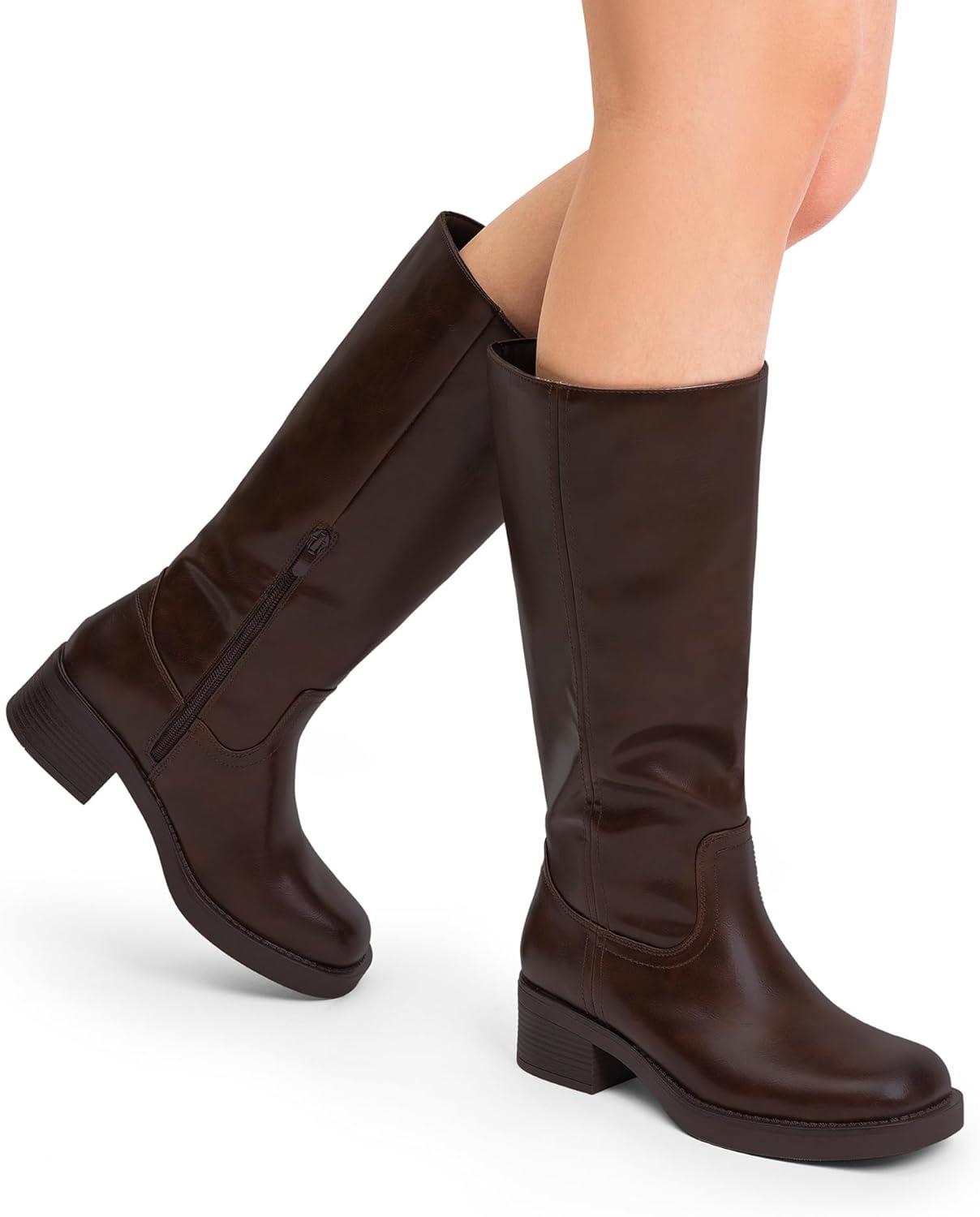 imageDREAM PAIRS Womens Knee High Boots Square Toe Platform Chunky Block Heel Banana Campus Boots for Women Comfortable Low Heel Side Zipper Womens Riding Tall BootsDark Brown