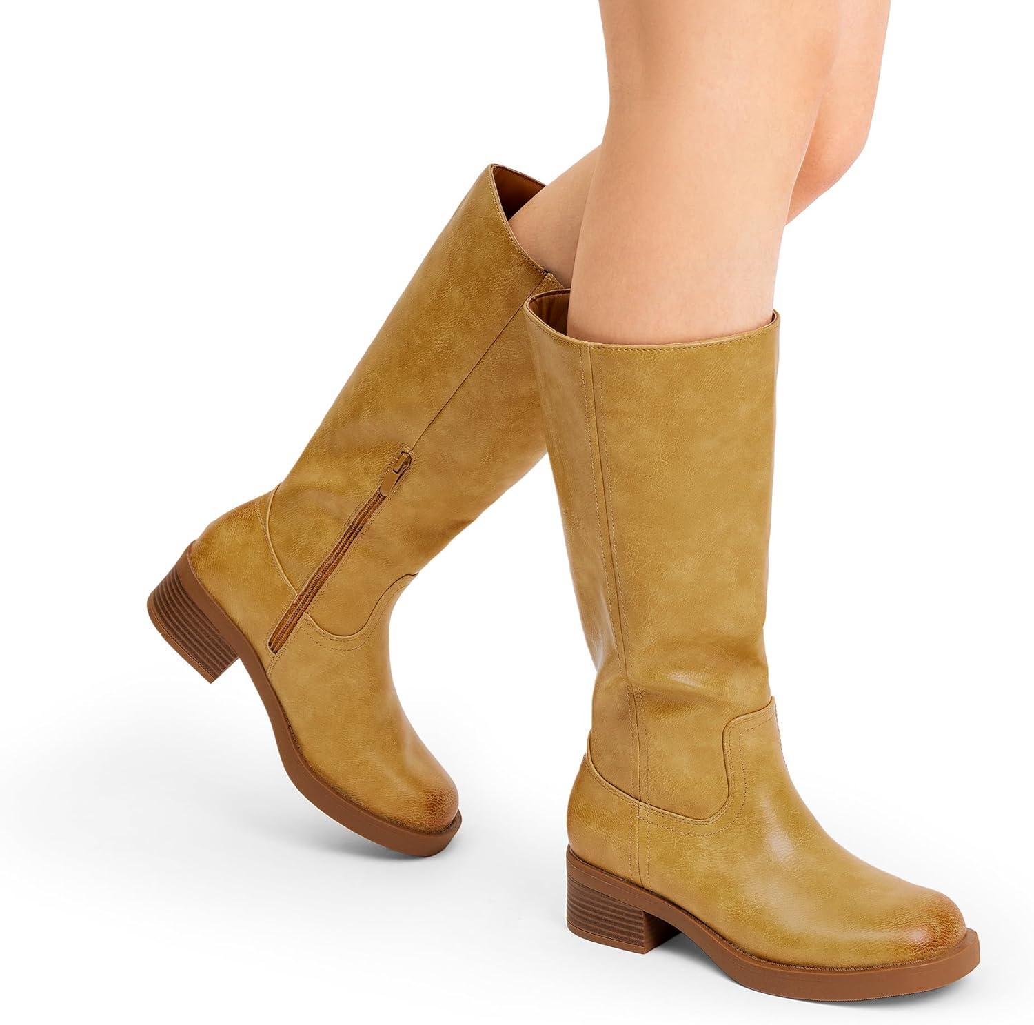 imageDREAM PAIRS Womens Knee High Boots Square Toe Platform Chunky Block Heel Banana Campus Boots for Women Comfortable Low Heel Side Zipper Womens Riding Tall BootsYellow