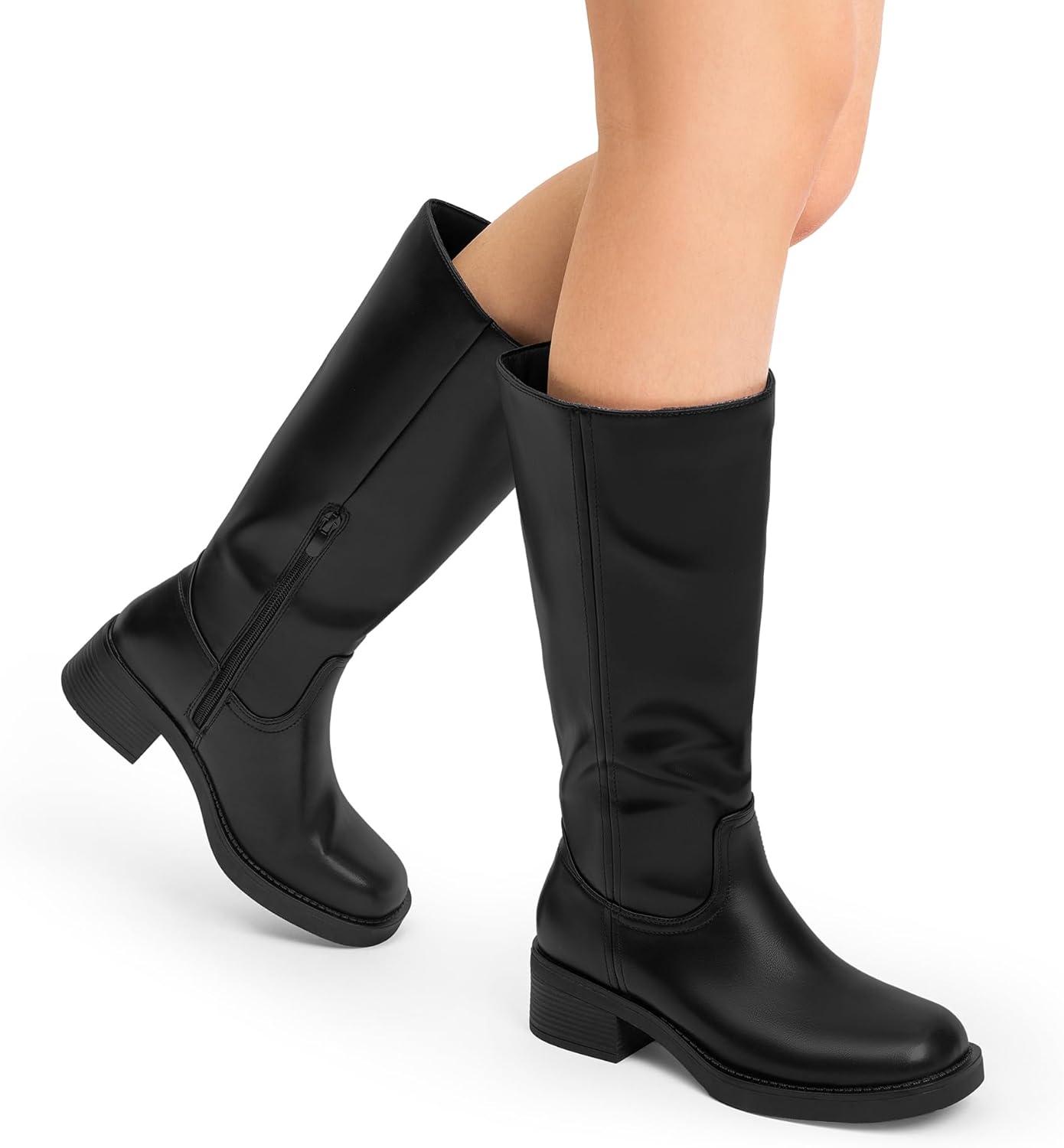 imageDREAM PAIRS Womens Knee High Boots Square Toe Platform Chunky Block Heel Banana Campus Boots for Women Comfortable Low Heel Side Zipper Womens Riding Tall BootsBlack