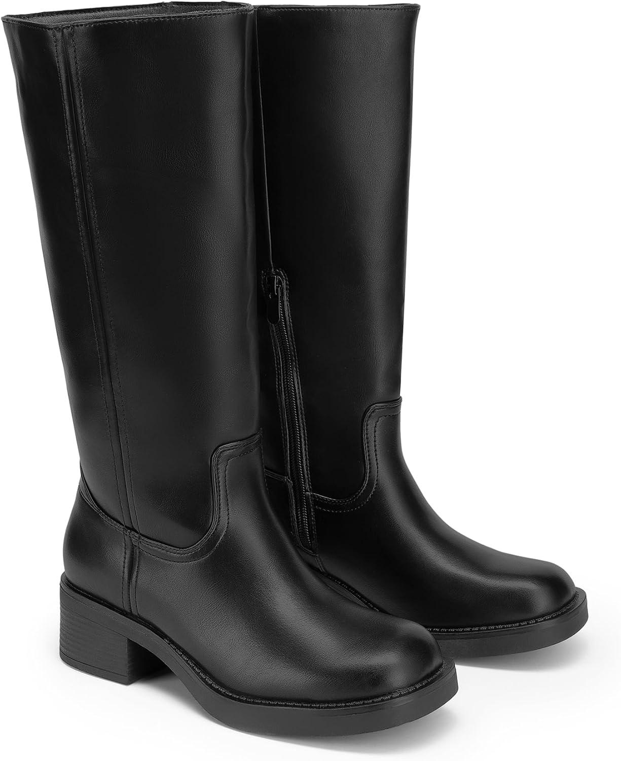 imageDREAM PAIRS Womens Knee High Boots Square Toe Platform Chunky Block Heel Banana Campus Boots for Women Comfortable Low Heel Side Zipper Womens Riding Tall BootsBlack