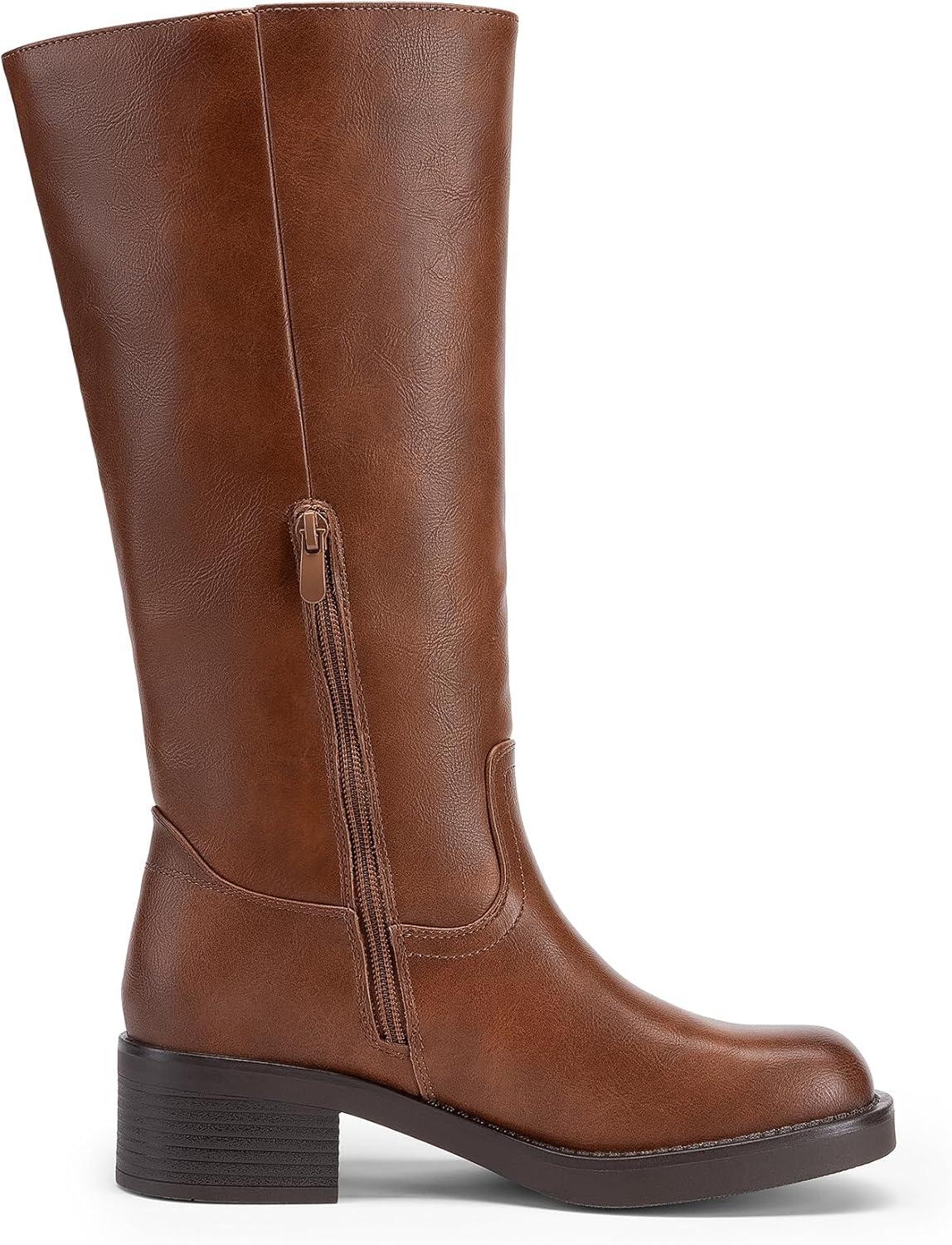 imageDREAM PAIRS Womens Knee High Boots Square Toe Platform Chunky Block Heel Banana Campus Boots for Women Comfortable Low Heel Side Zipper Womens Riding Tall BootsLight Brown