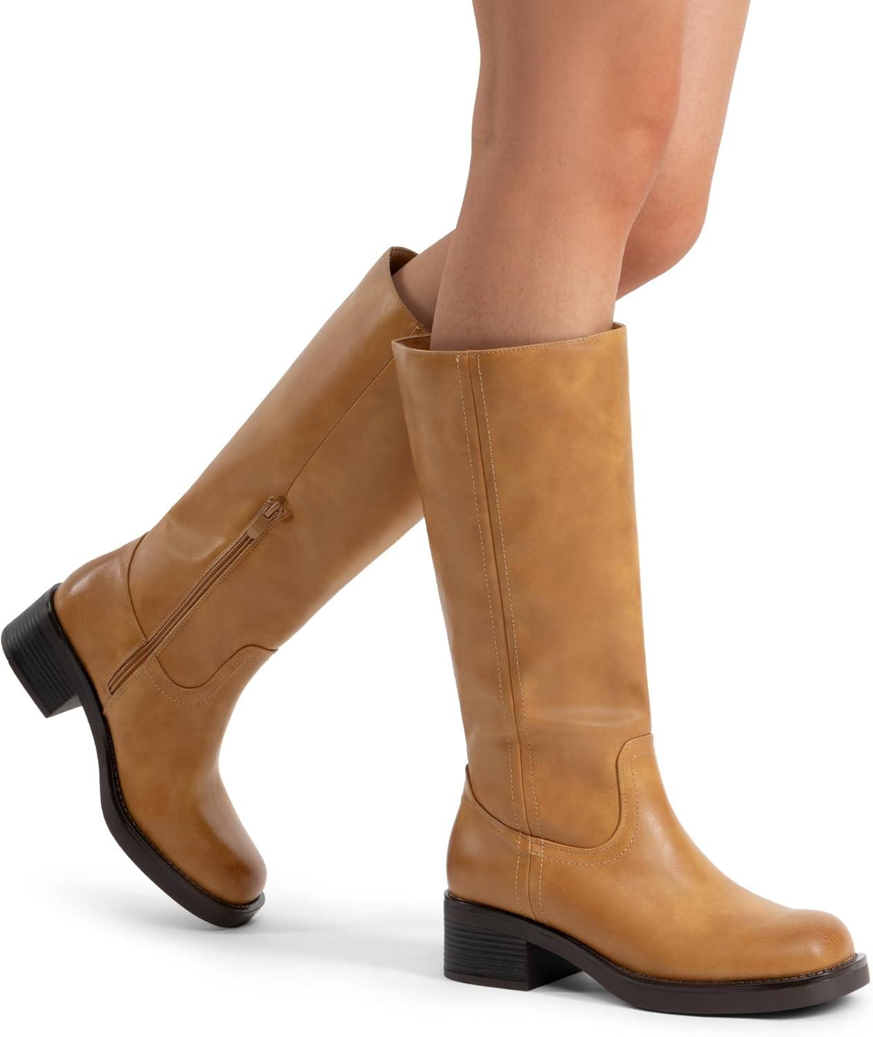 imageDREAM PAIRS Womens Knee High Boots Square Toe Platform Chunky Block Heel Banana Campus Boots for Women Comfortable Low Heel Side Zipper Womens Riding Tall BootsTan