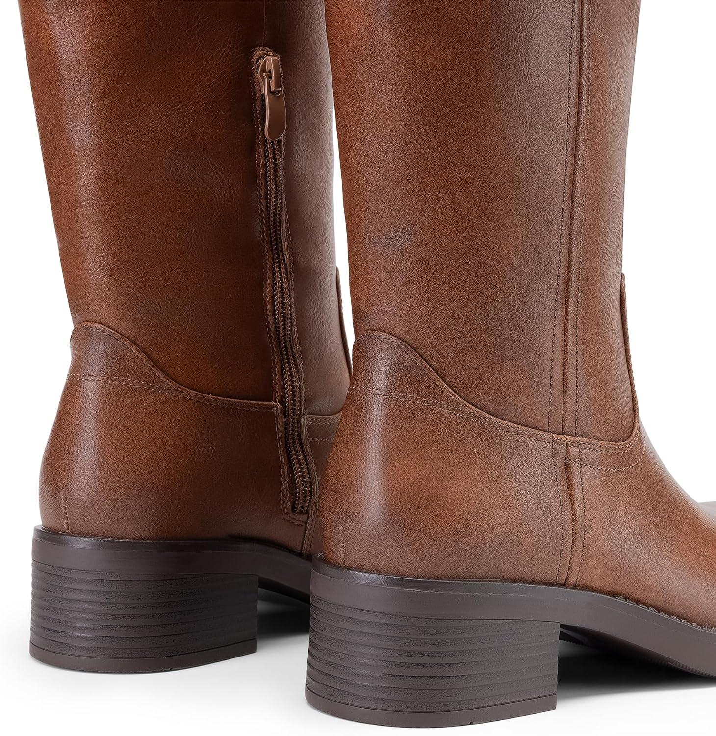 imageDREAM PAIRS Womens Knee High Boots Square Toe Platform Chunky Block Heel Banana Campus Boots for Women Comfortable Low Heel Side Zipper Womens Riding Tall BootsLight Brown