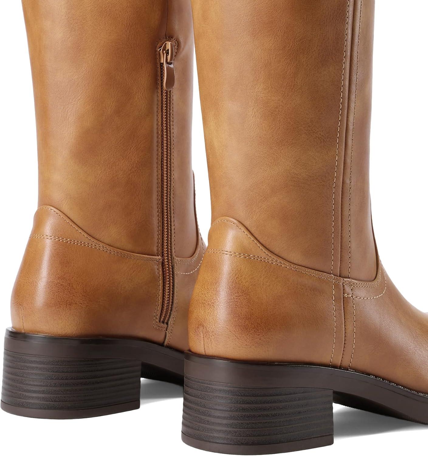 imageDREAM PAIRS Womens Knee High Boots Square Toe Platform Chunky Block Heel Banana Campus Boots for Women Comfortable Low Heel Side Zipper Womens Riding Tall BootsTan