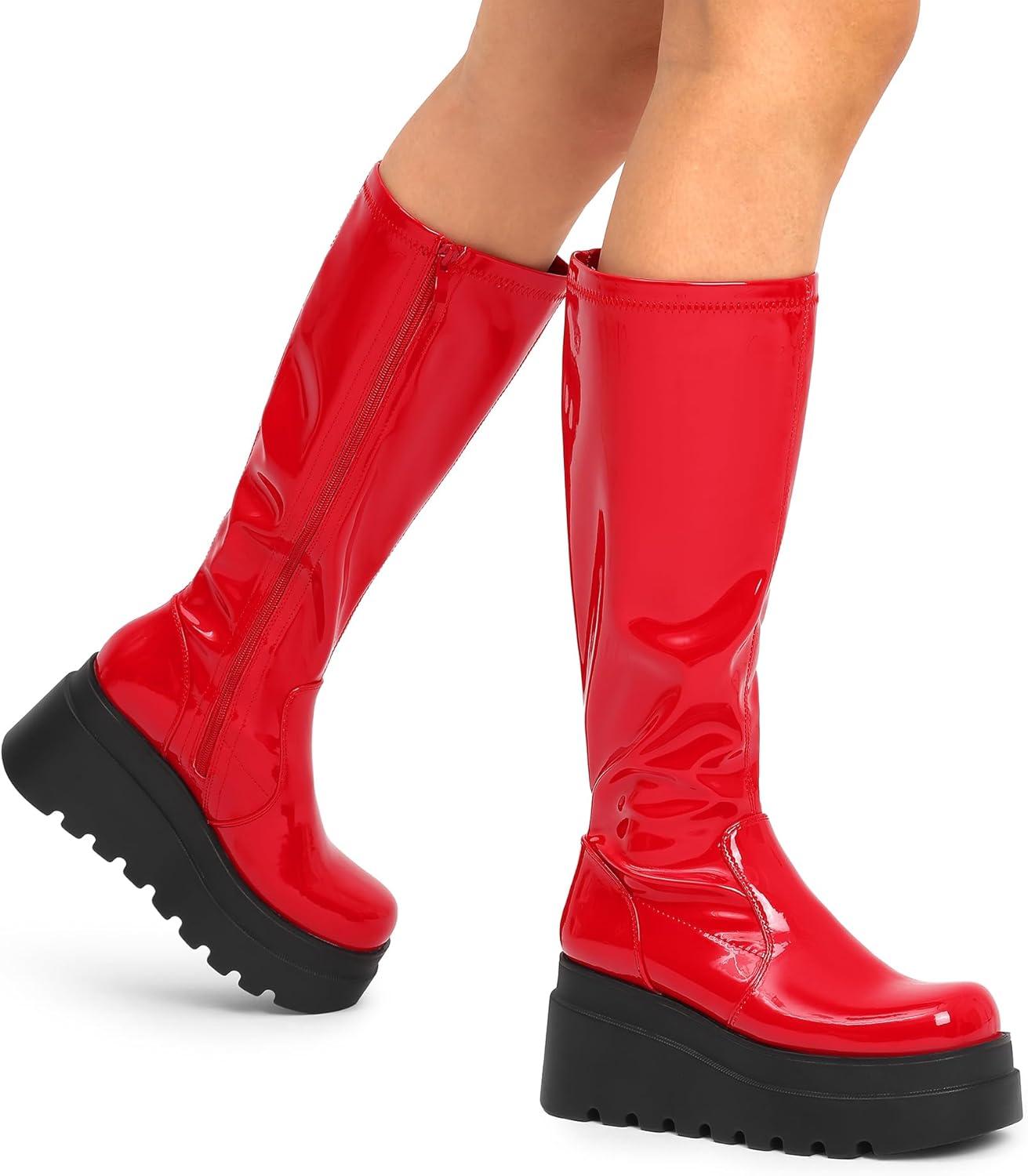 imageDREAM PAIRS Womens Knee High Boots Wedge Platform Chunky Heel Round Toe Side Zipper Fashion Long Tall Sock Motorcycle Combat Goth Boots for WomenRedpat