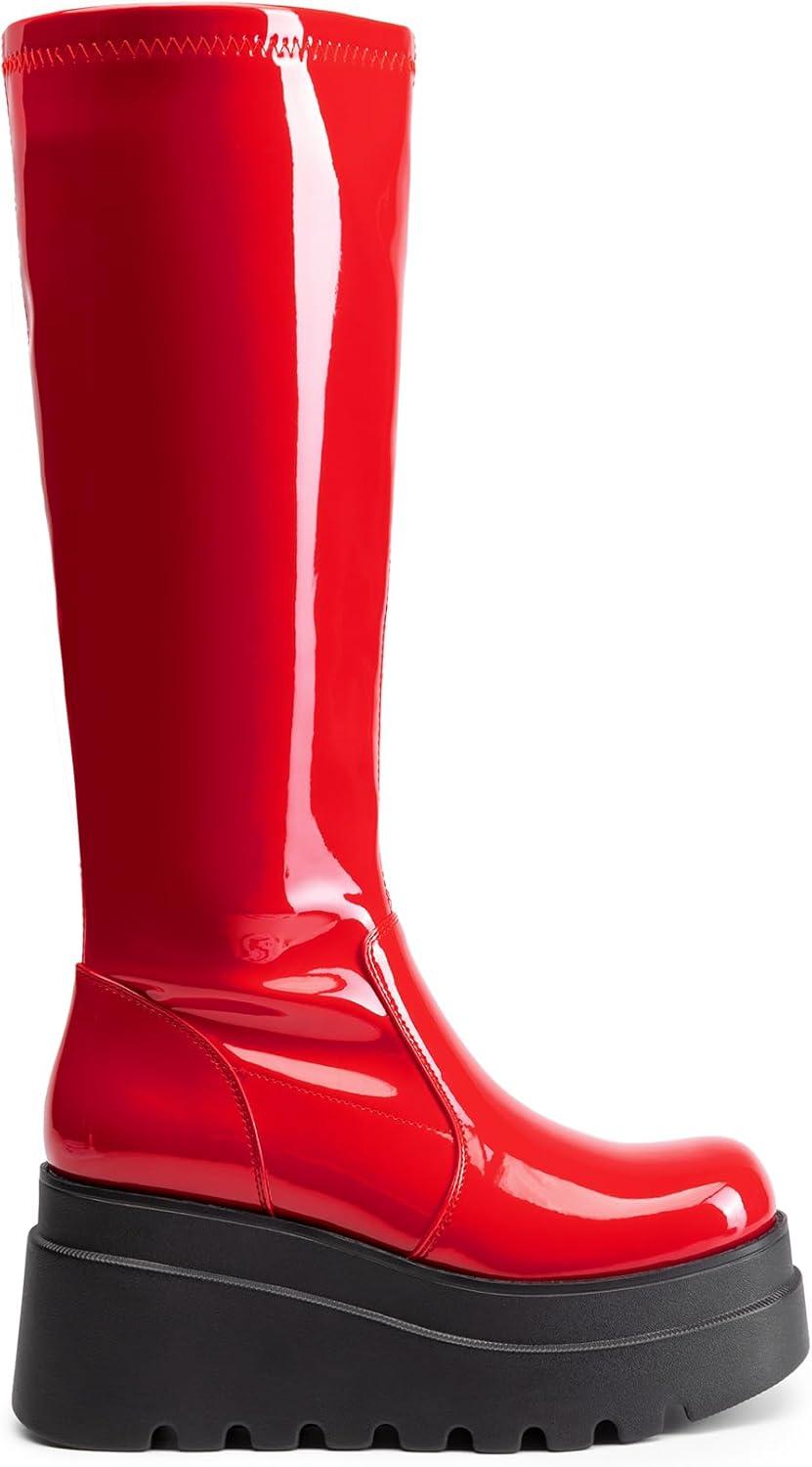 imageDREAM PAIRS Womens Knee High Boots Wedge Platform Chunky Heel Round Toe Side Zipper Fashion Long Tall Sock Motorcycle Combat Goth Boots for WomenRedpat