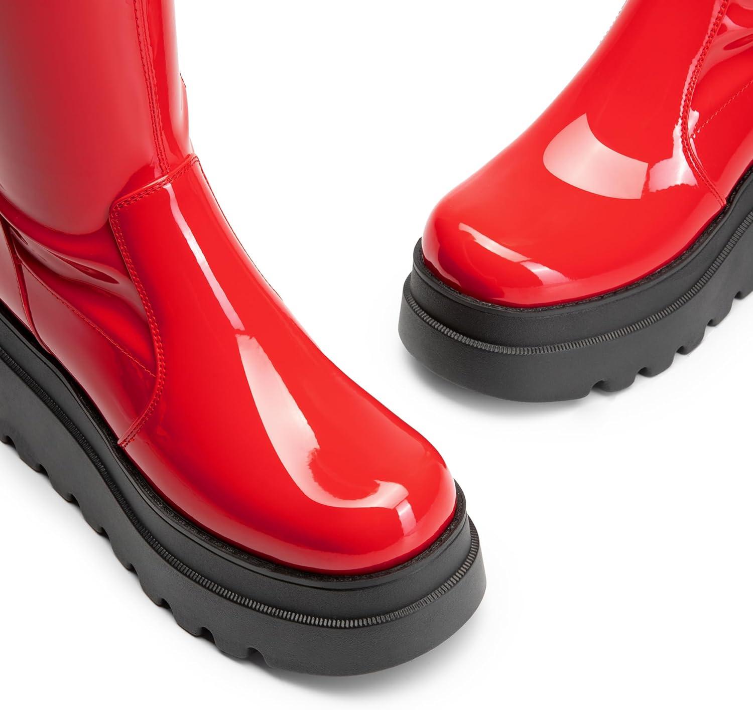 imageDREAM PAIRS Womens Knee High Boots Wedge Platform Chunky Heel Round Toe Side Zipper Fashion Long Tall Sock Motorcycle Combat Goth Boots for WomenRedpat