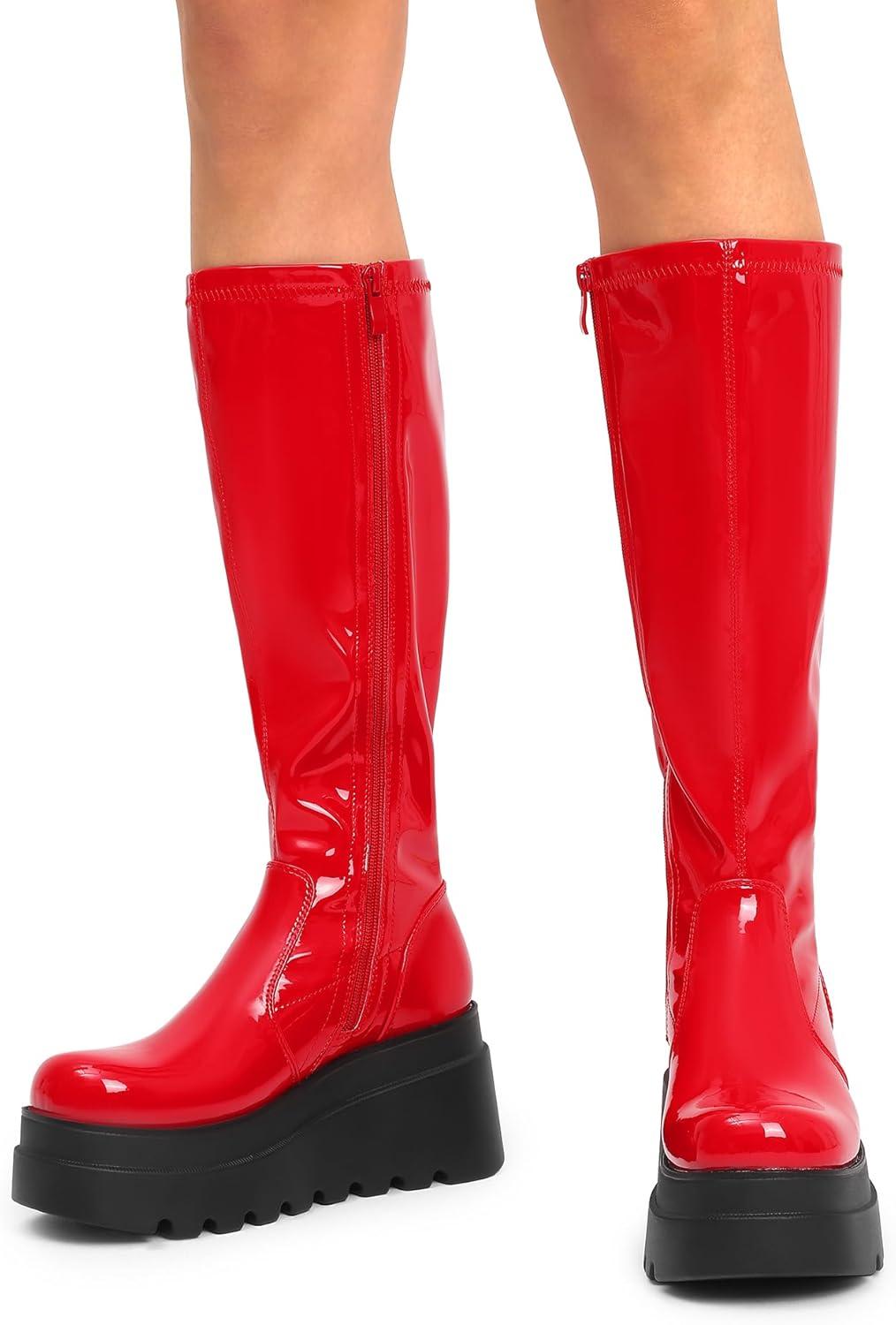 imageDREAM PAIRS Womens Knee High Boots Wedge Platform Chunky Heel Round Toe Side Zipper Fashion Long Tall Sock Motorcycle Combat Goth Boots for WomenRedpat