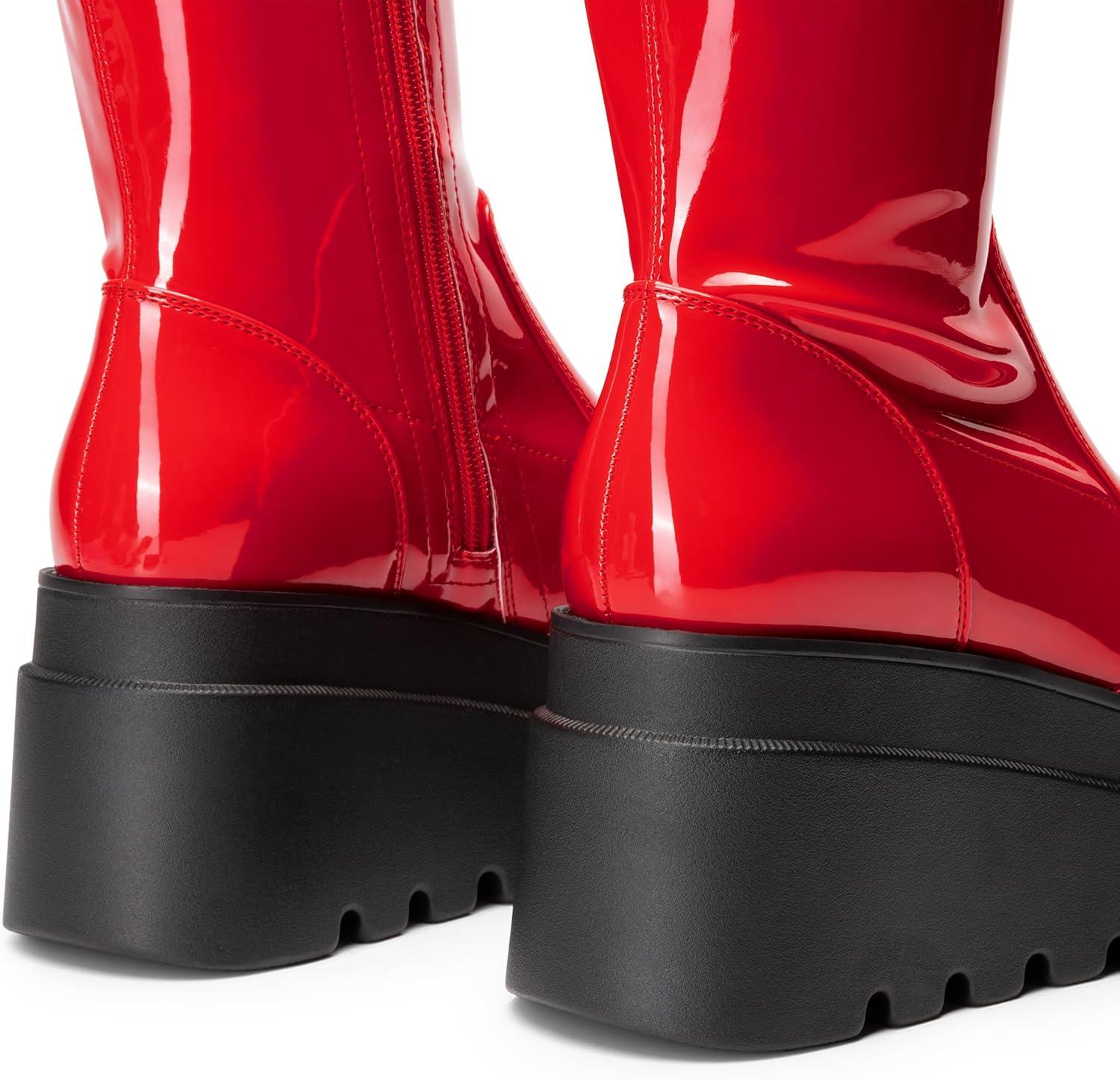 imageDREAM PAIRS Womens Knee High Boots Wedge Platform Chunky Heel Round Toe Side Zipper Fashion Long Tall Sock Motorcycle Combat Goth Boots for WomenRedpat