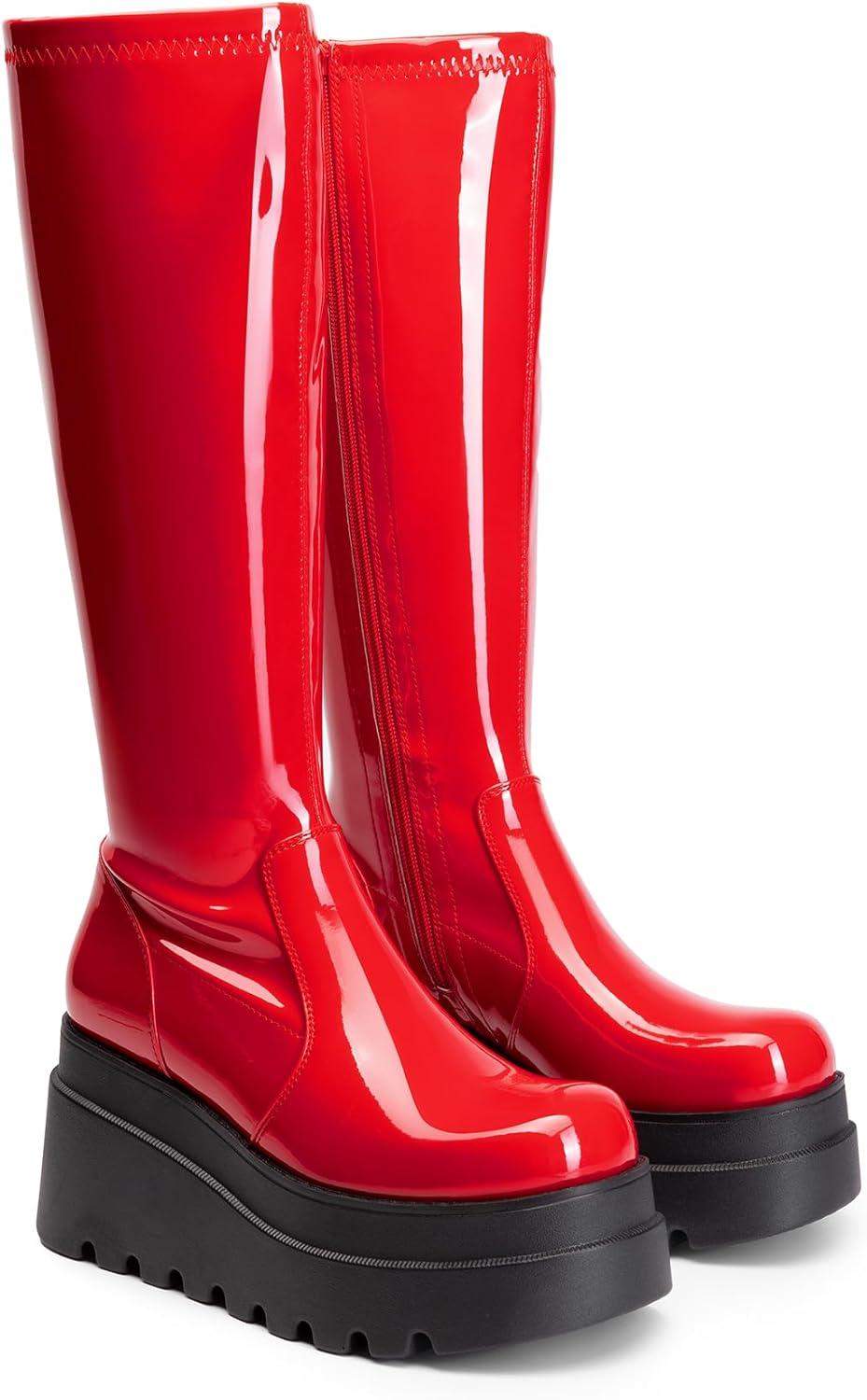 imageDREAM PAIRS Womens Knee High Boots Wedge Platform Chunky Heel Round Toe Side Zipper Fashion Long Tall Sock Motorcycle Combat Goth Boots for WomenRedpat