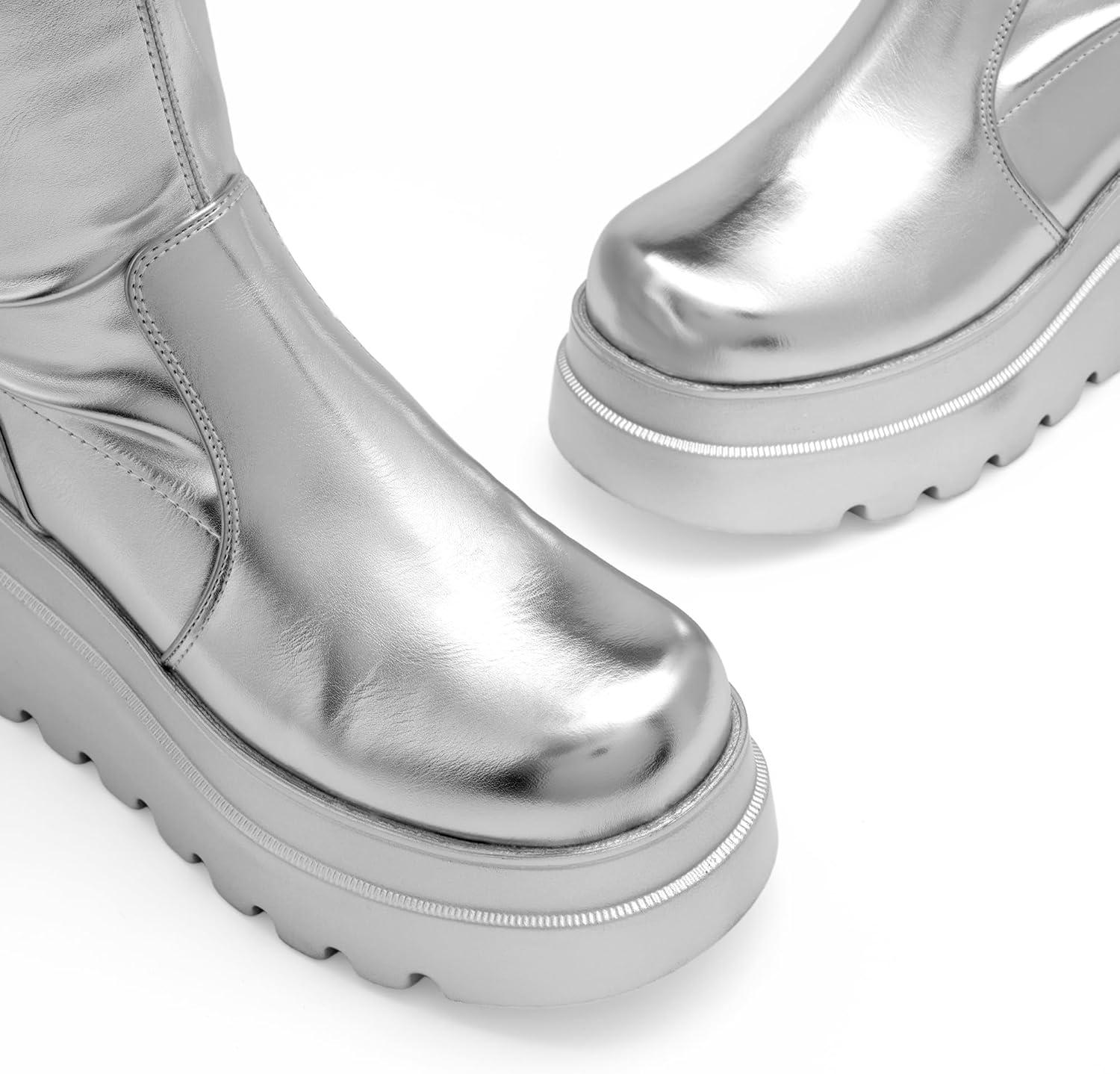 imageDREAM PAIRS Womens Knee High Boots Wedge Platform Chunky Heel Round Toe Side Zipper Fashion Long Tall Sock Motorcycle Combat Goth Boots for WomenSilver