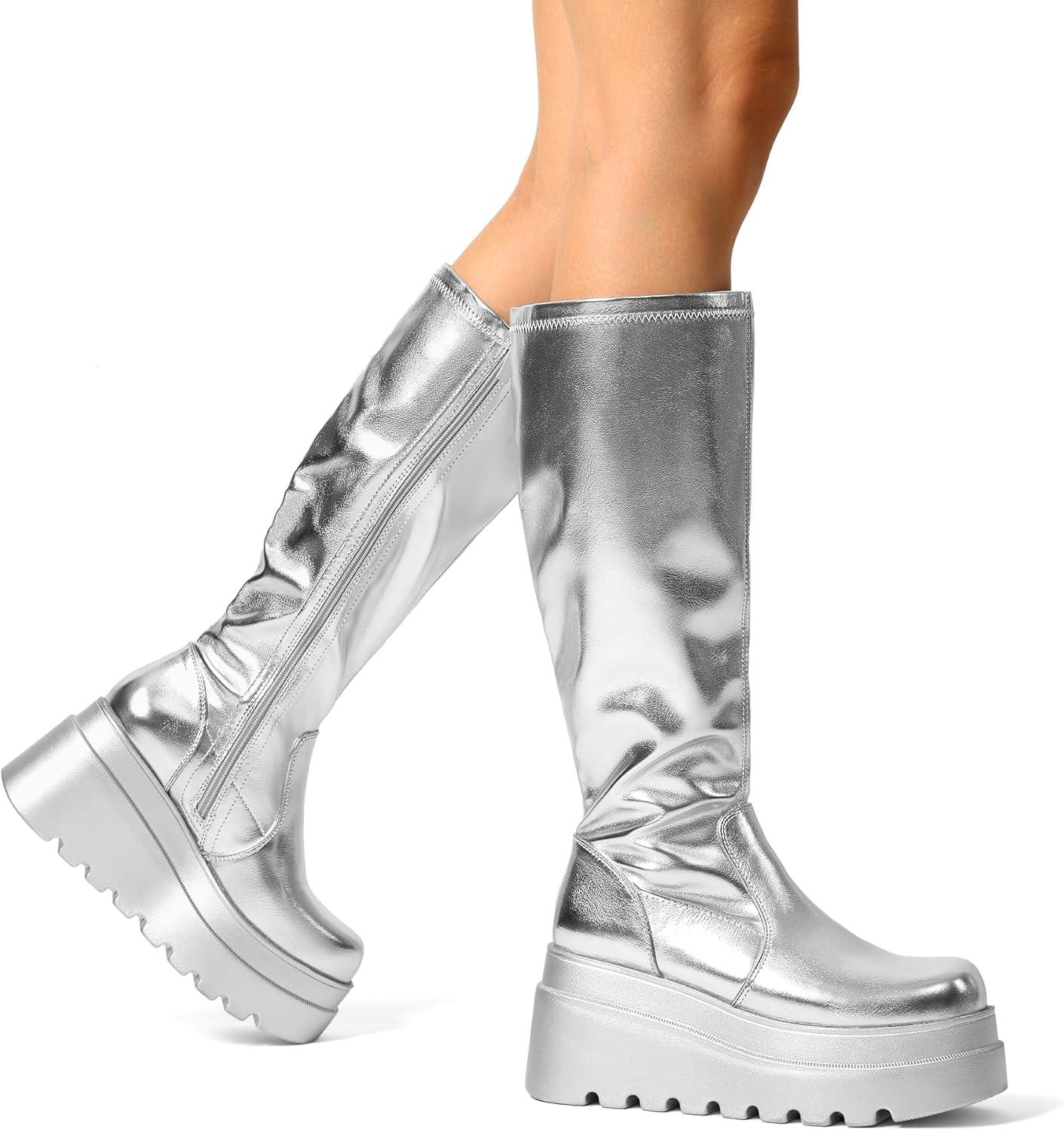 imageDREAM PAIRS Womens Knee High Boots Wedge Platform Chunky Heel Round Toe Side Zipper Fashion Long Tall Sock Motorcycle Combat Goth Boots for WomenSilver