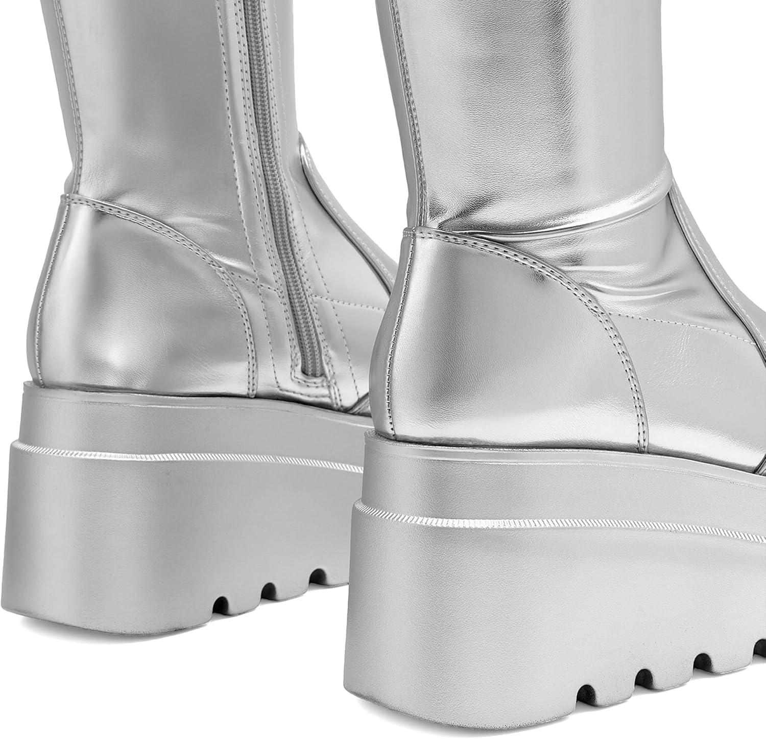 imageDREAM PAIRS Womens Knee High Boots Wedge Platform Chunky Heel Round Toe Side Zipper Fashion Long Tall Sock Motorcycle Combat Goth Boots for WomenSilver