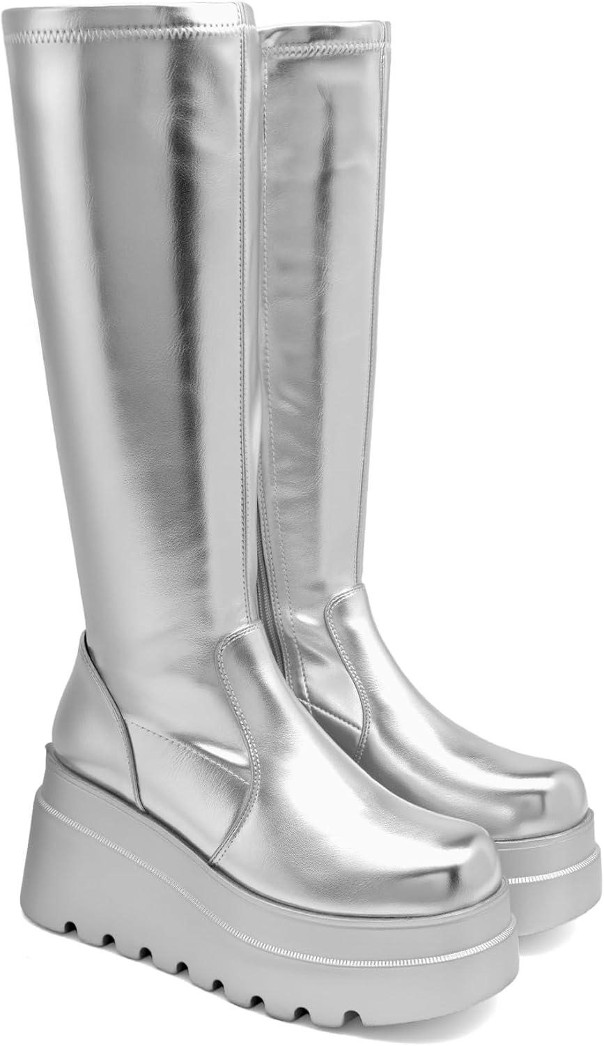 imageDREAM PAIRS Womens Knee High Boots Wedge Platform Chunky Heel Round Toe Side Zipper Fashion Long Tall Sock Motorcycle Combat Goth Boots for WomenSilver