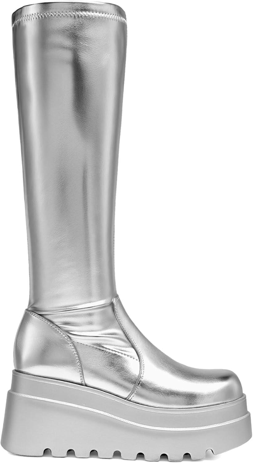imageDREAM PAIRS Womens Knee High Boots Wedge Platform Chunky Heel Round Toe Side Zipper Fashion Long Tall Sock Motorcycle Combat Goth Boots for WomenSilver
