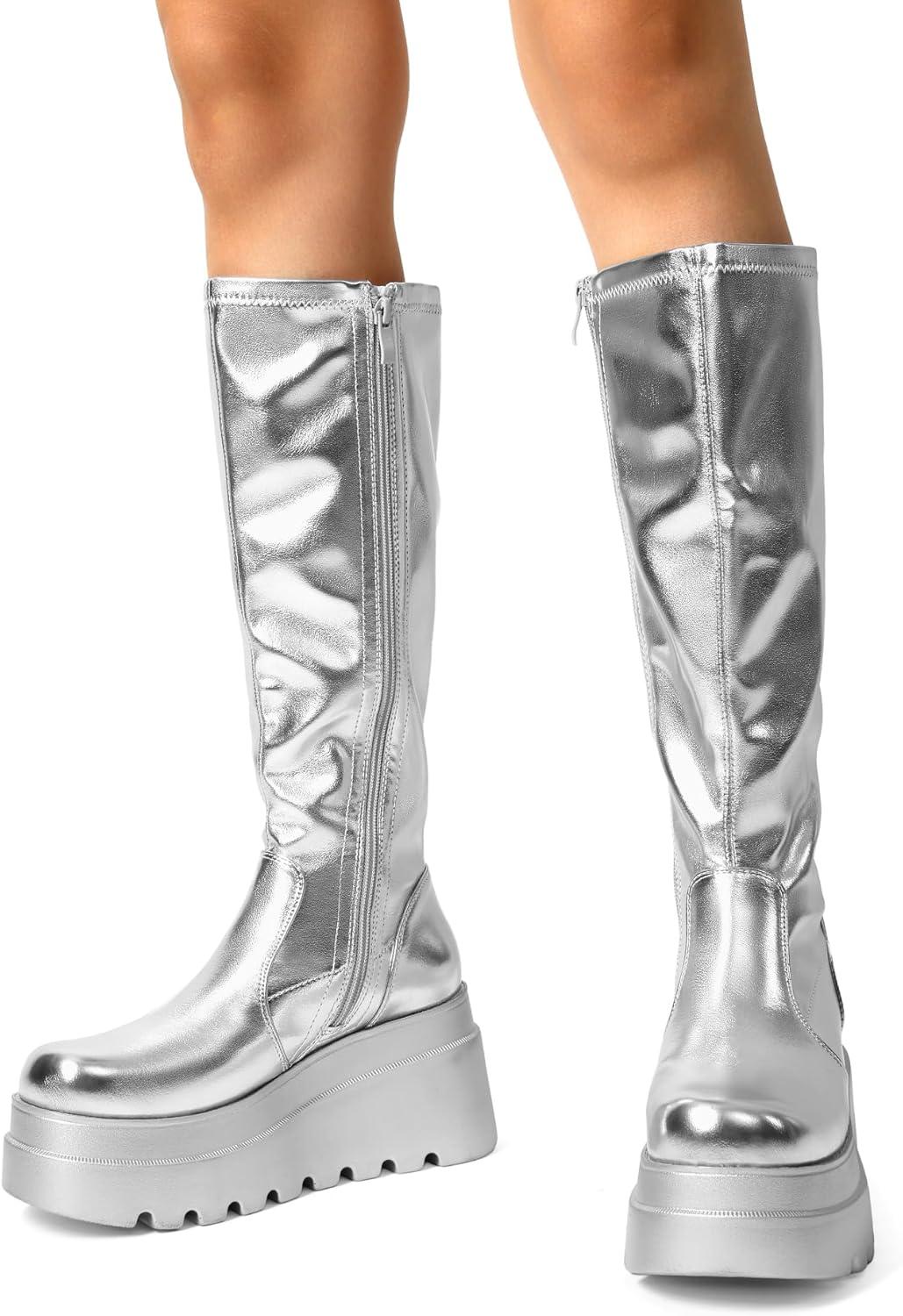 imageDREAM PAIRS Womens Knee High Boots Wedge Platform Chunky Heel Round Toe Side Zipper Fashion Long Tall Sock Motorcycle Combat Goth Boots for WomenSilver