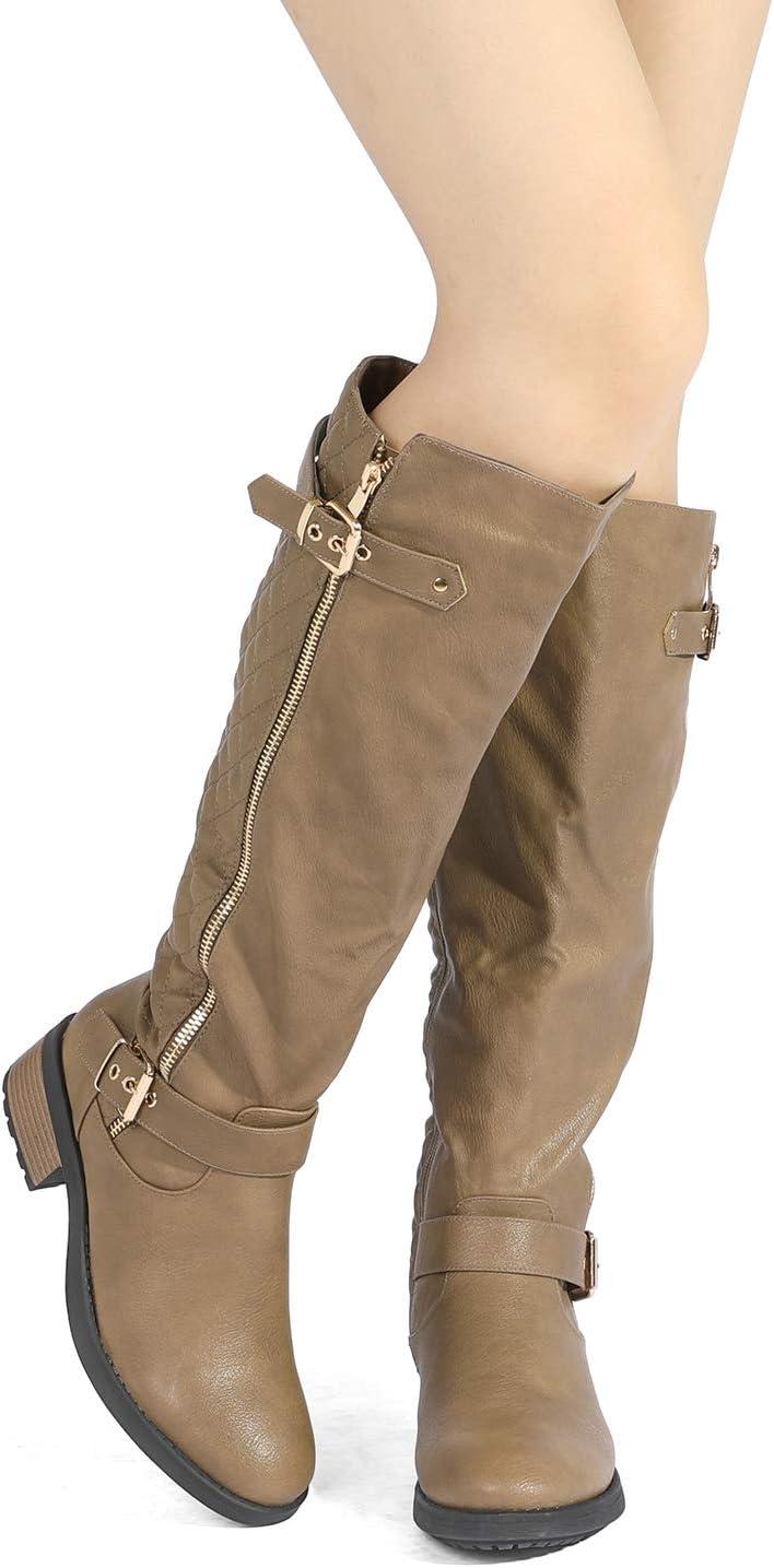 imageDREAM PAIRS Womens Knee High Boots Wide Calf Low Heel Riding Boots Fall Tall Boots for WomenKhaki