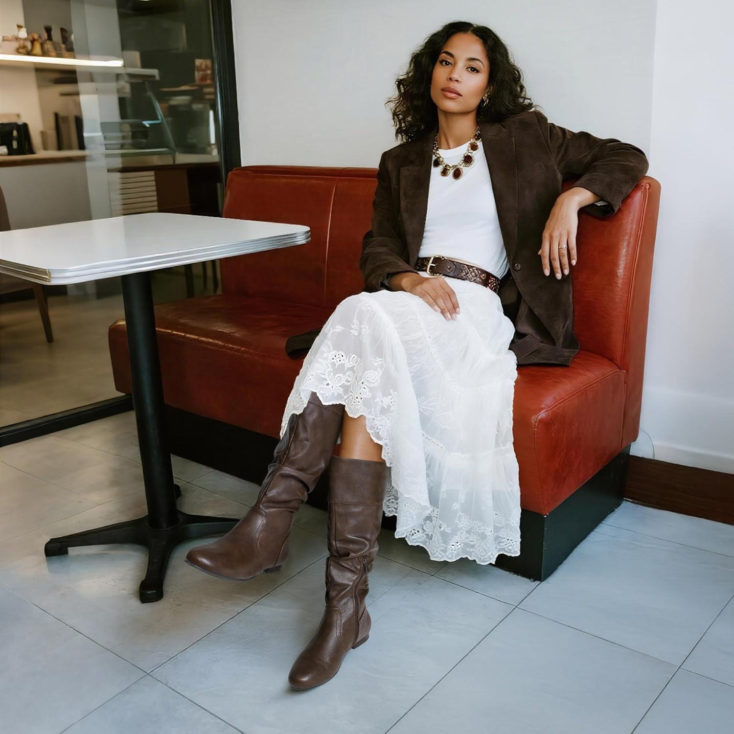 imageDREAM PAIRS Womens Knee High Pull On Fall Weather Winter BootsBrown