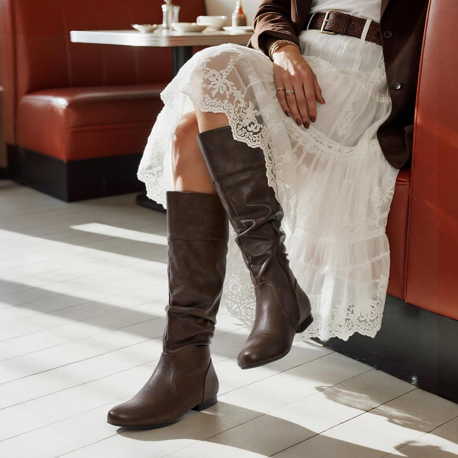 imageDREAM PAIRS Womens Knee High Pull On Fall Weather Winter BootsBrown