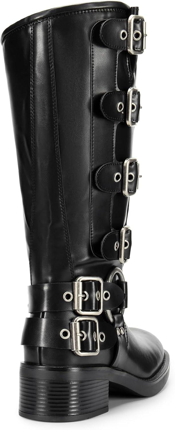 imageDREAM PAIRS Womens Knee High Riding Boots Side Zipper Motorcycle Boots Square Toe Chunky Heel Fashion Buckles Biker BootsBlack