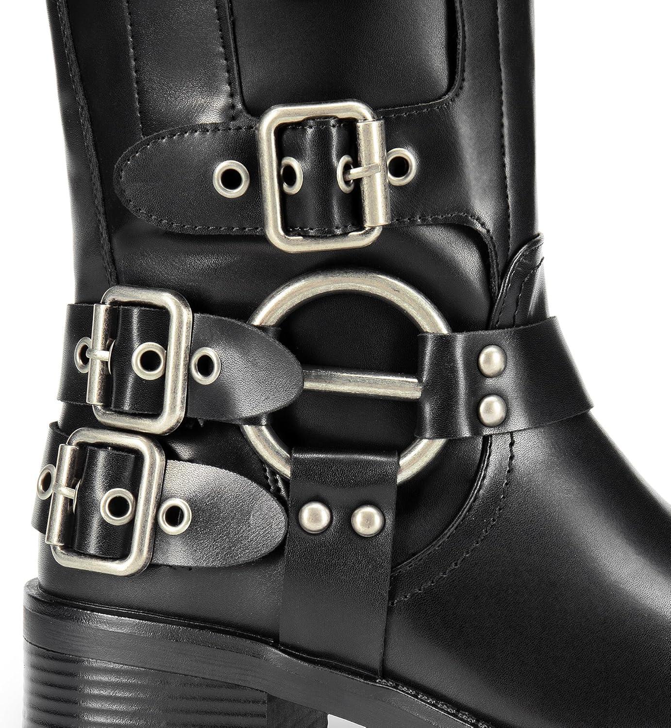 imageDREAM PAIRS Womens Knee High Riding Boots Side Zipper Motorcycle Boots Square Toe Chunky Heel Fashion Buckles Biker BootsBlack