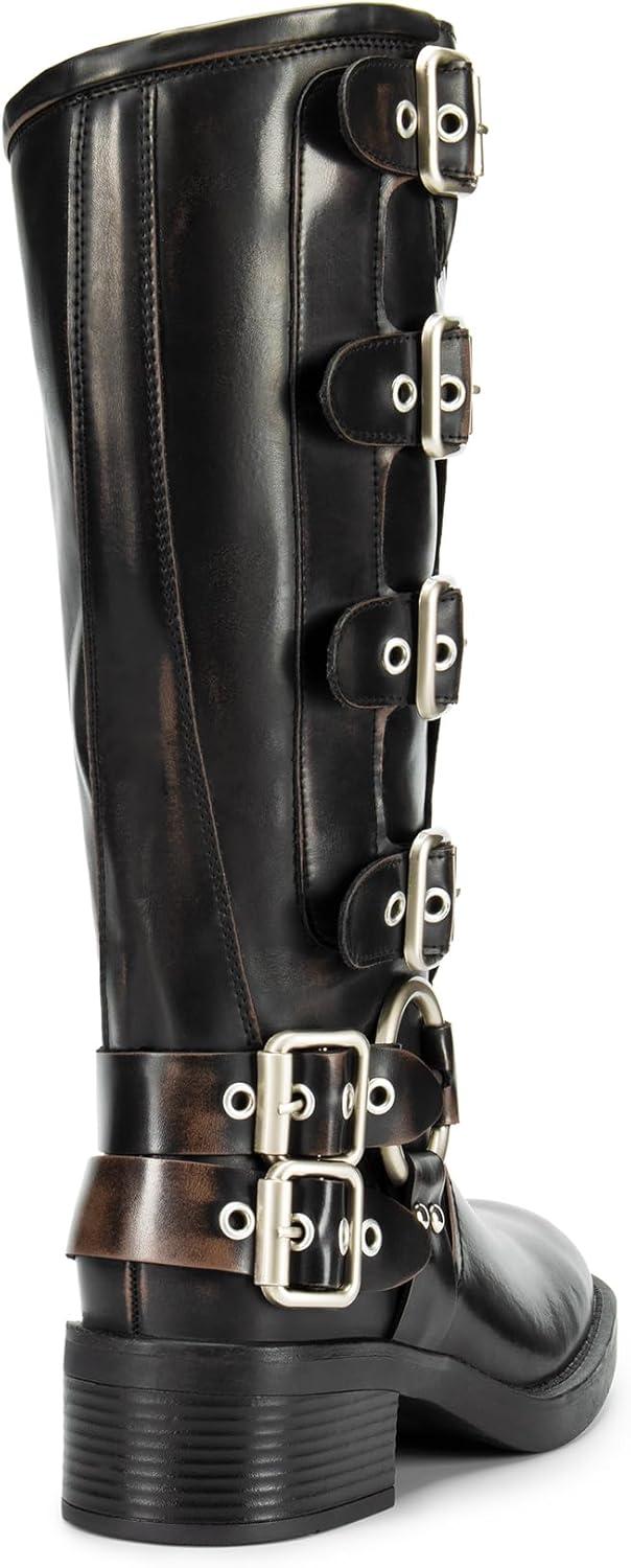 imageDREAM PAIRS Womens Knee High Riding Boots Side Zipper Motorcycle Boots Square Toe Chunky Heel Fashion Buckles Biker BootsBlackBrown