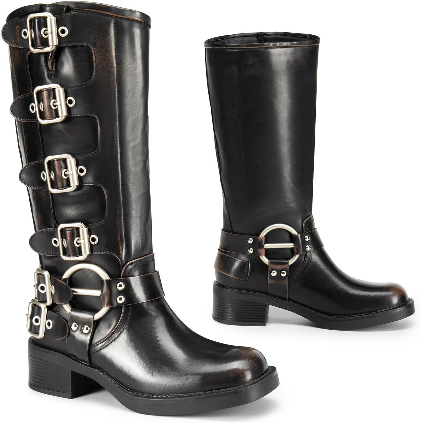 imageDREAM PAIRS Womens Knee High Riding Boots Side Zipper Motorcycle Boots Square Toe Chunky Heel Fashion Buckles Biker BootsBlackBrown