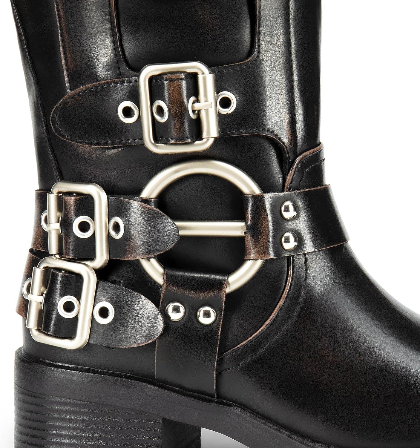 imageDREAM PAIRS Womens Knee High Riding Boots Side Zipper Motorcycle Boots Square Toe Chunky Heel Fashion Buckles Biker BootsBlackBrown