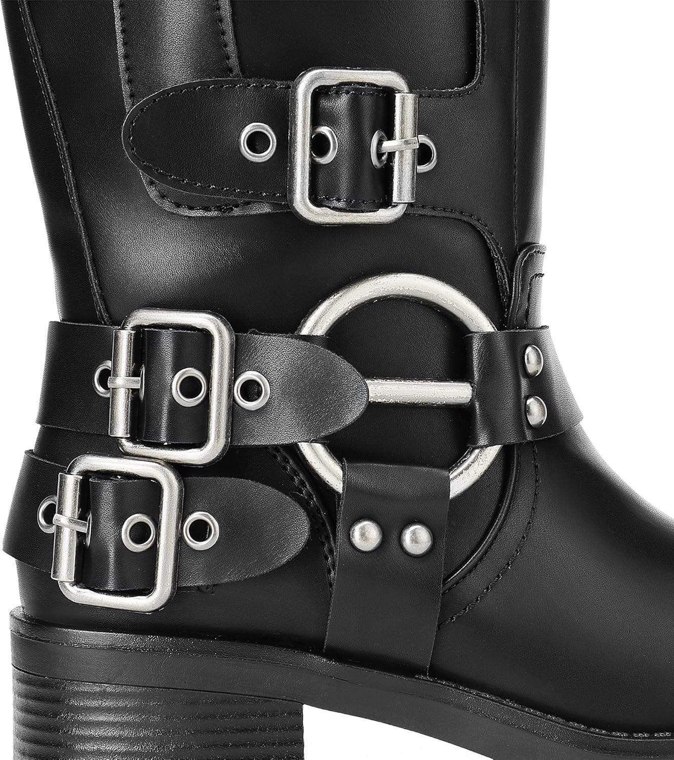 imageDREAM PAIRS Womens Knee High Riding Boots Side Zipper Motorcycle Boots Square Toe Chunky Heel Fashion Buckles Biker BootsBlackzipper