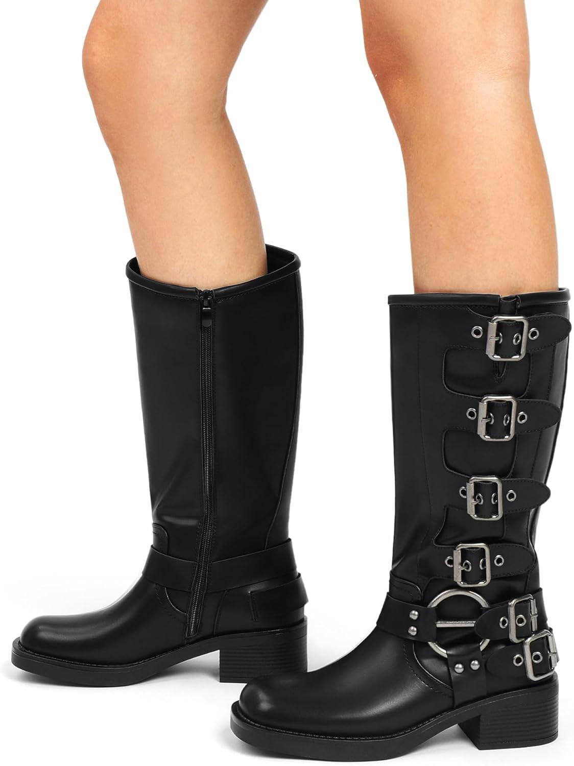 imageDREAM PAIRS Womens Knee High Riding Boots Side Zipper Motorcycle Boots Square Toe Chunky Heel Fashion Buckles Biker BootsBlackzipper