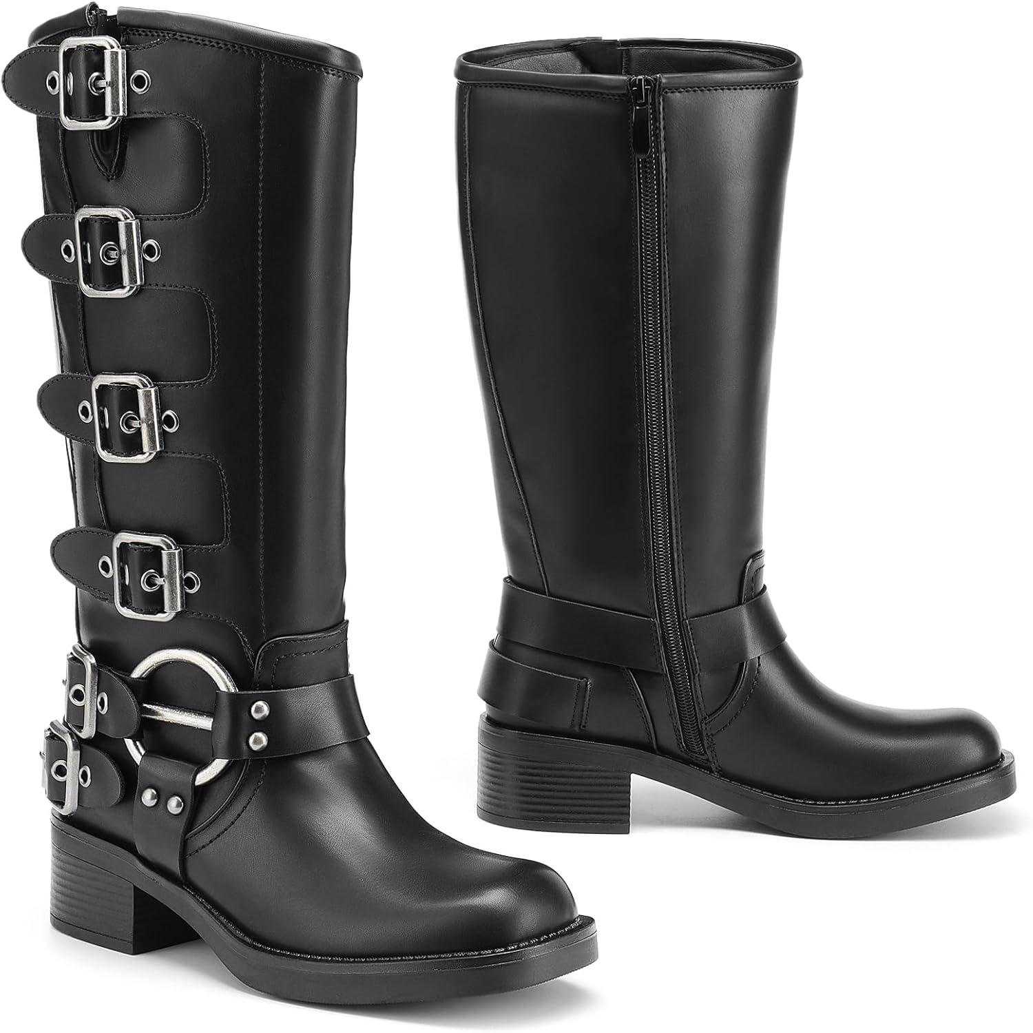 imageDREAM PAIRS Womens Knee High Riding Boots Side Zipper Motorcycle Boots Square Toe Chunky Heel Fashion Buckles Biker BootsBlackzipper
