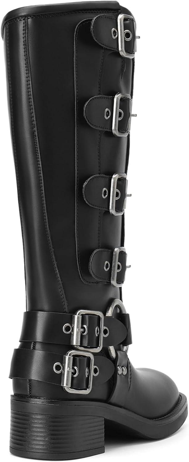 imageDREAM PAIRS Womens Knee High Riding Boots Side Zipper Motorcycle Boots Square Toe Chunky Heel Fashion Buckles Biker BootsBlackzipper